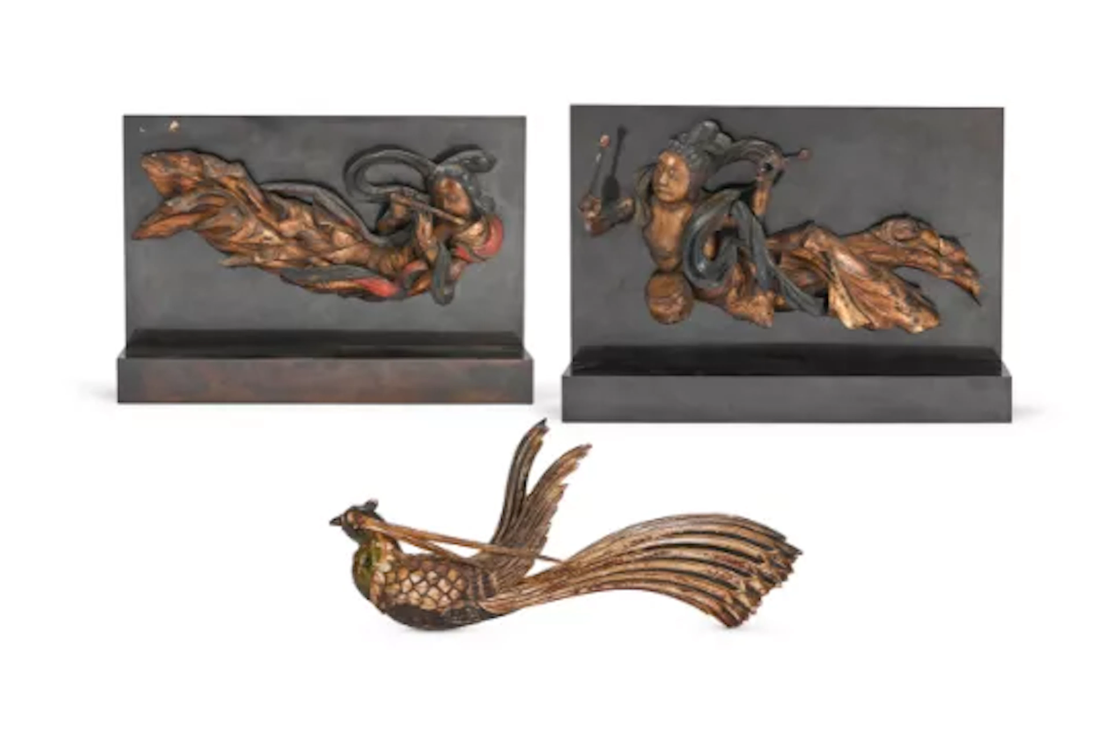 A pair of Chinese polychrome lacquered wooden figures, Feitian, Ming Dynasty