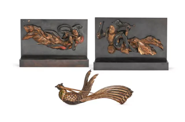 A pair of Chinese polychrome lacquered wooden figures, Feitian, Ming Dynasty