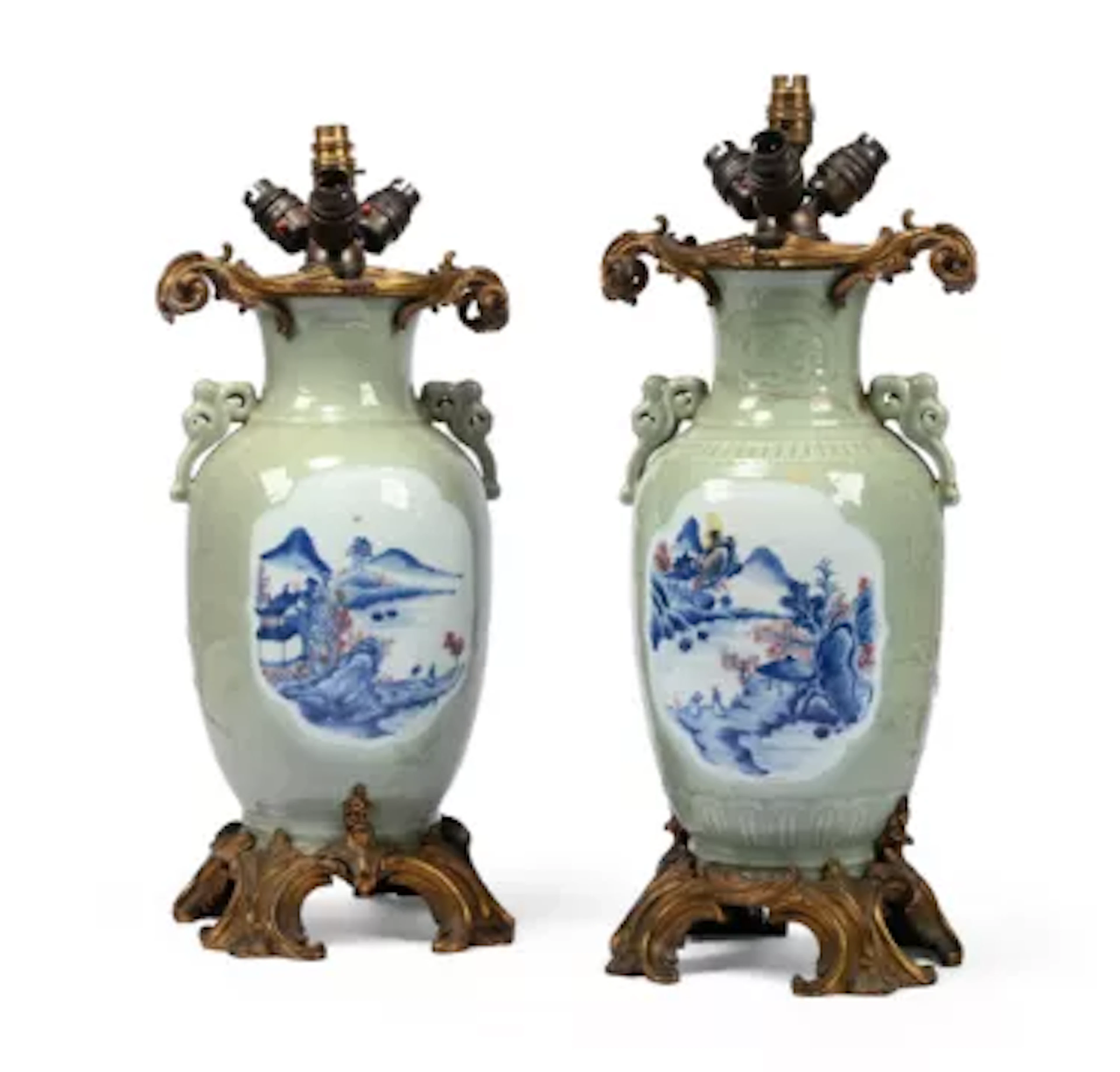A PAIR OF TWO CHINESE HANDLED CELADON BALUSTER VASES, 18TH CENTURY