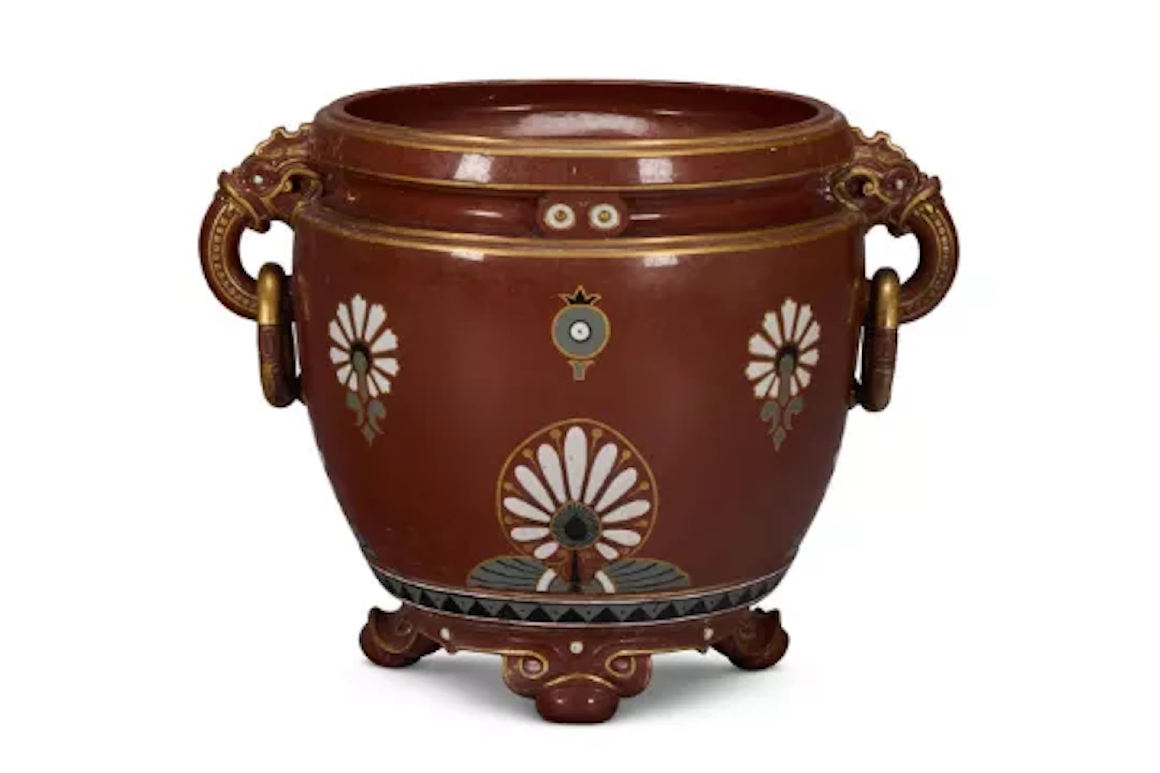 A MINTON ART POTTERY STUDIO BROWN-GLAZED TWO-HANDLED JARDINIERE, THIRD