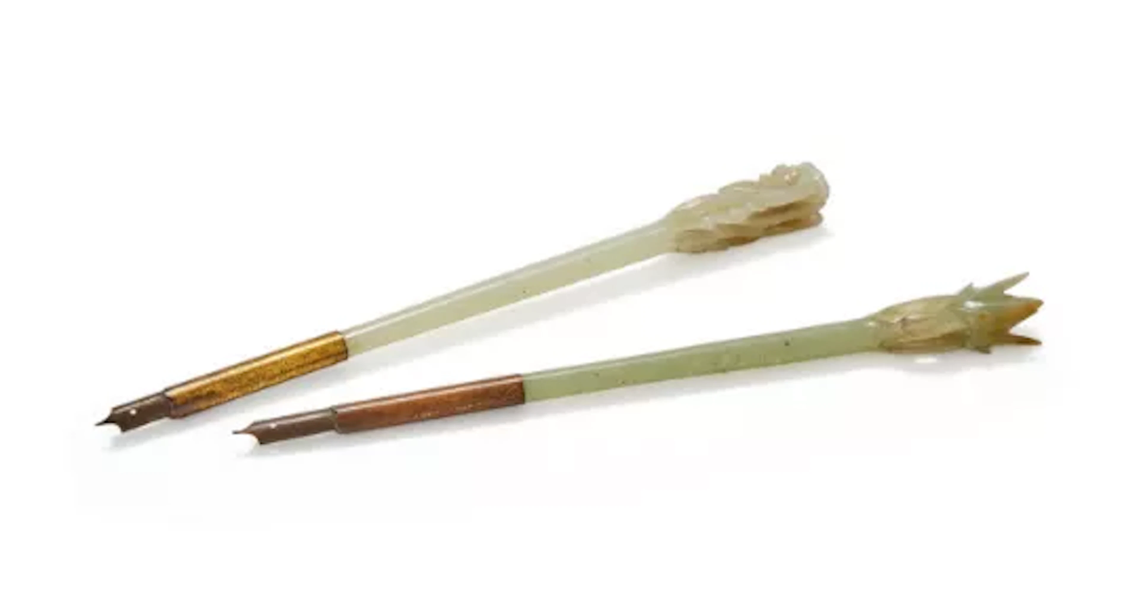 Two Chinese celadon jade hairpins, Ming dynasty