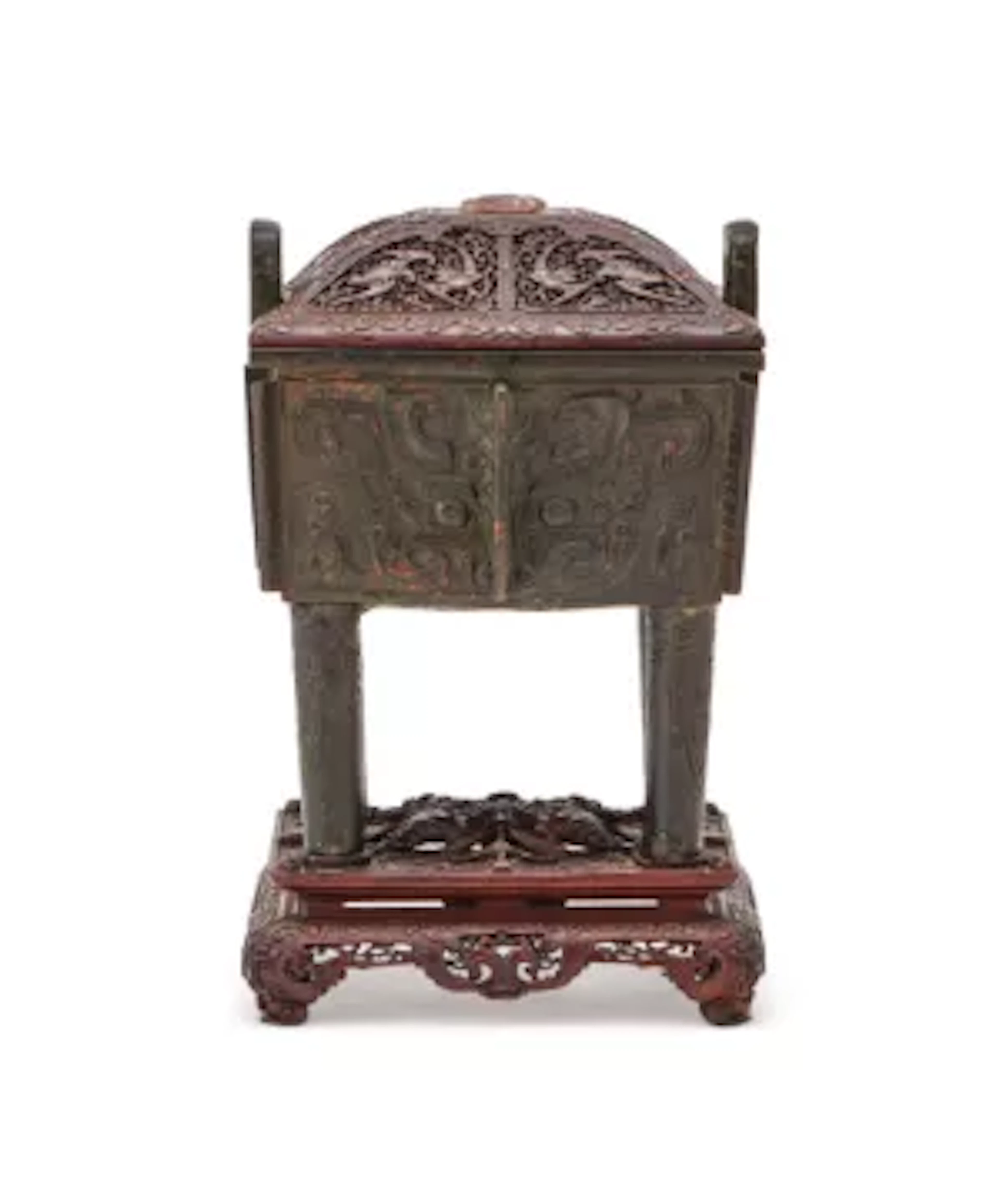 An attractive Chinese bronze archaistic fangding censer, Ming dynasty