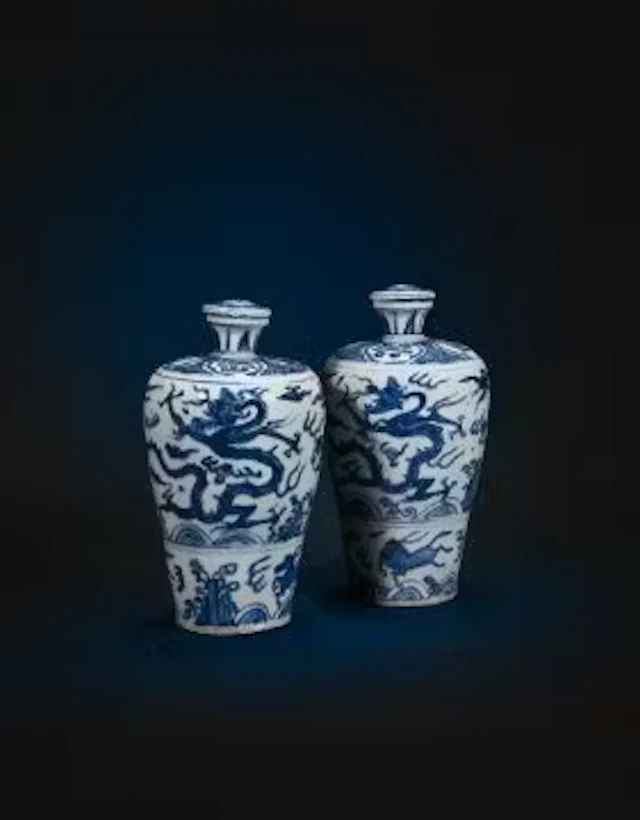 A rare and impressive pair of Chinese porcelain blue and white meiping vases