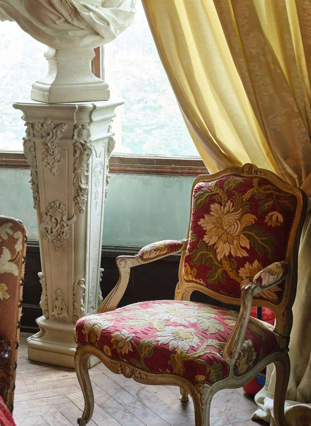 A pair of Queen-style armchairs, carved, moulded and painted wood