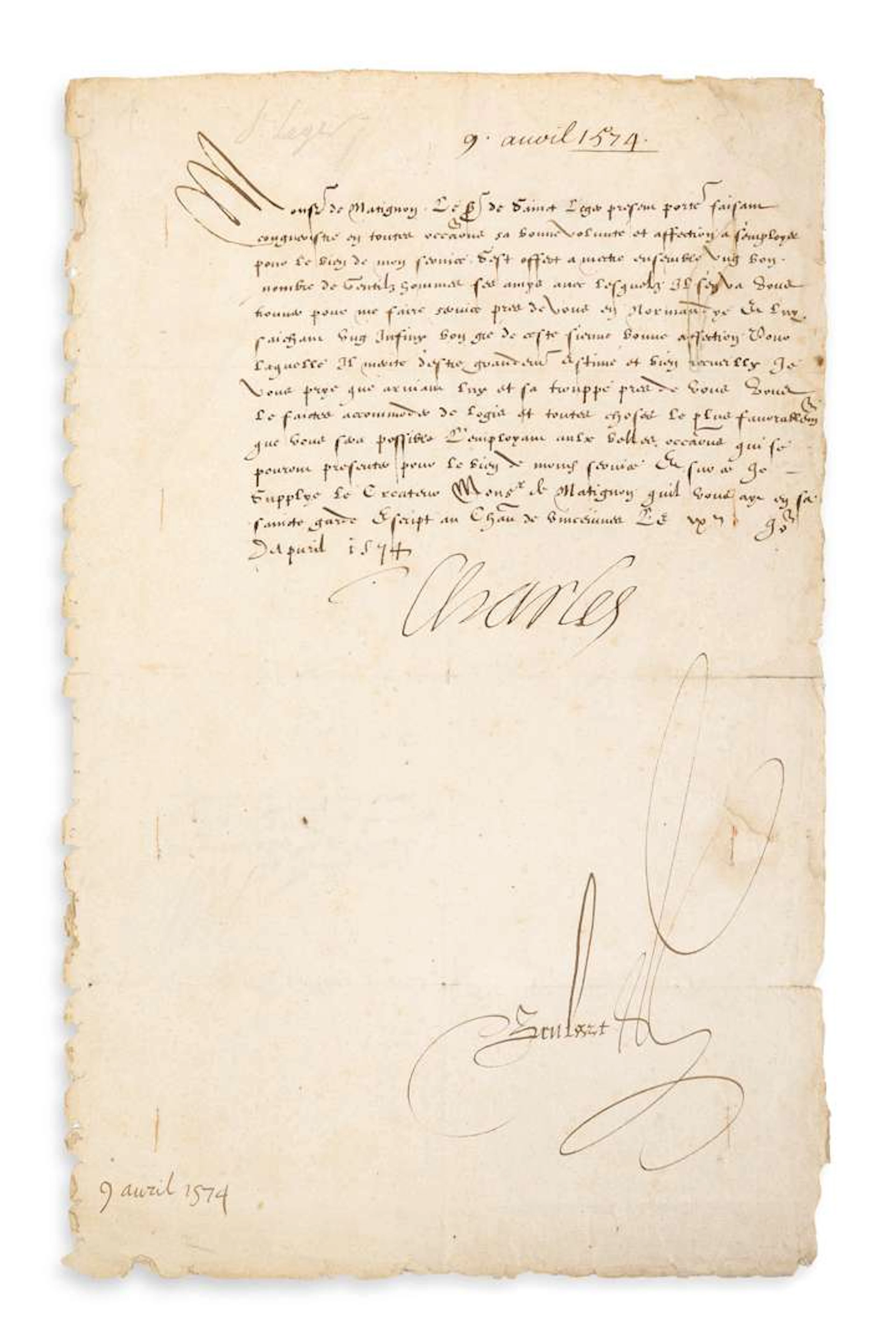 CHARLES IX (1550–1574)., L.S. ‘Charles’, Château de Vincennes, 9 April