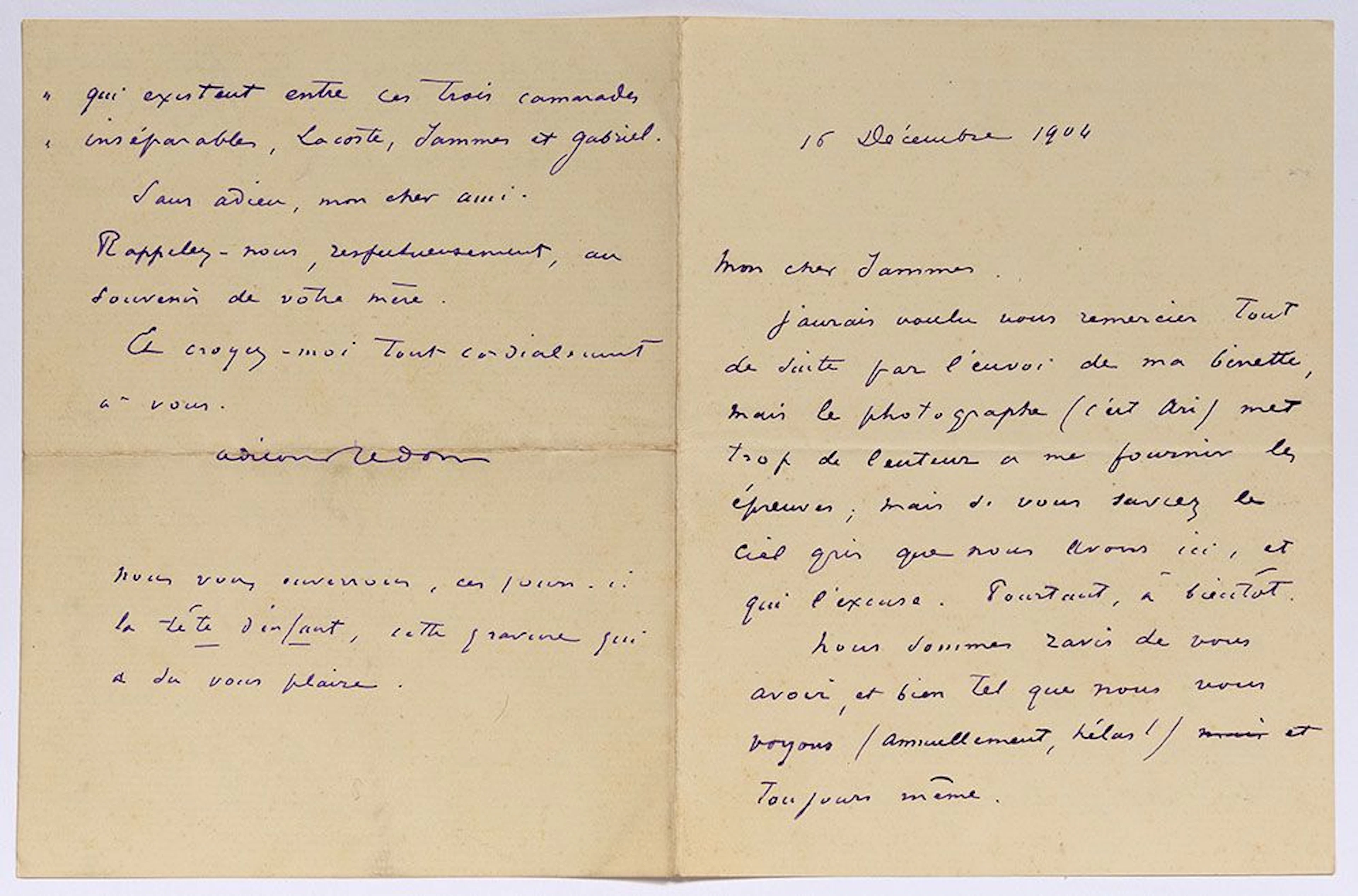 REDON Odilon (1840-1916). L.A.S. "Odilon Redon", December 16 - Lot 243
