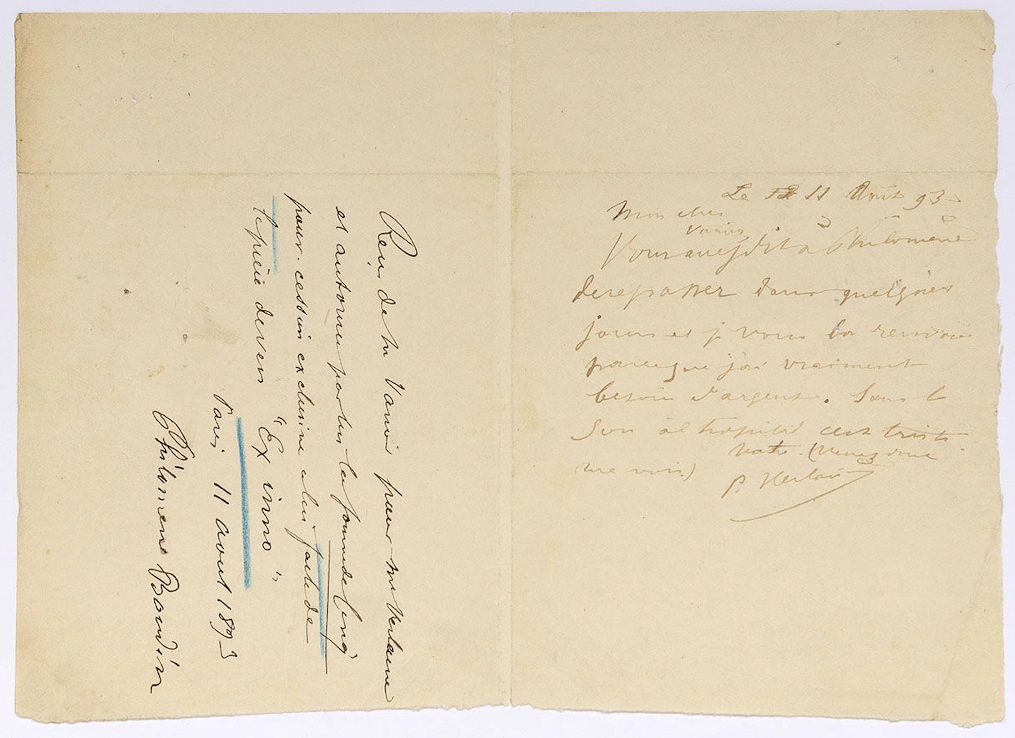 VERLAINE Paul (1844-1896). L.A.S. "P. Verlaine", August 11, - Lot 745