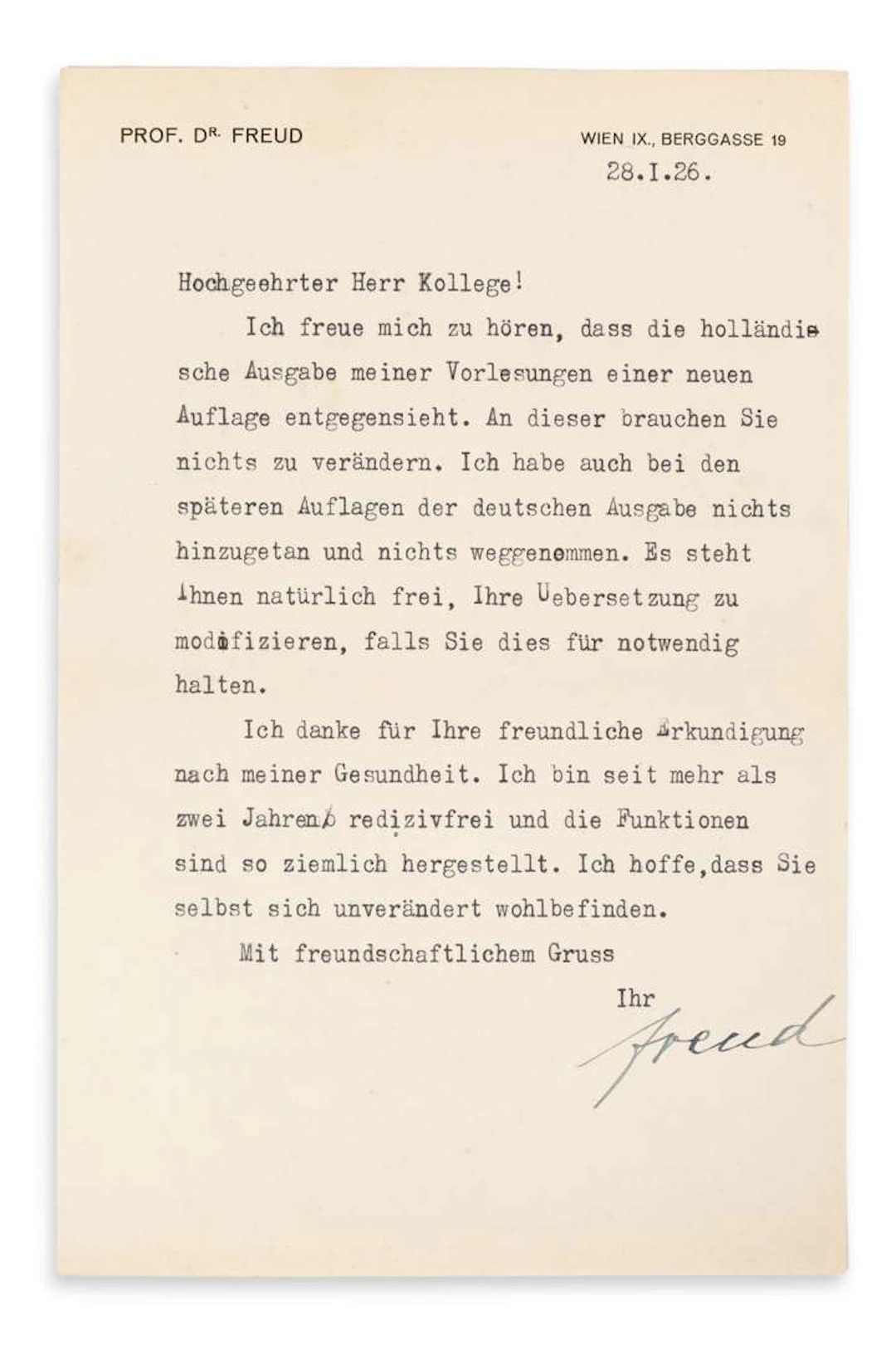 FREUD, Sigmund (1856–1939)., L.S. ‘Freud’, Vienna, 28 January 1926