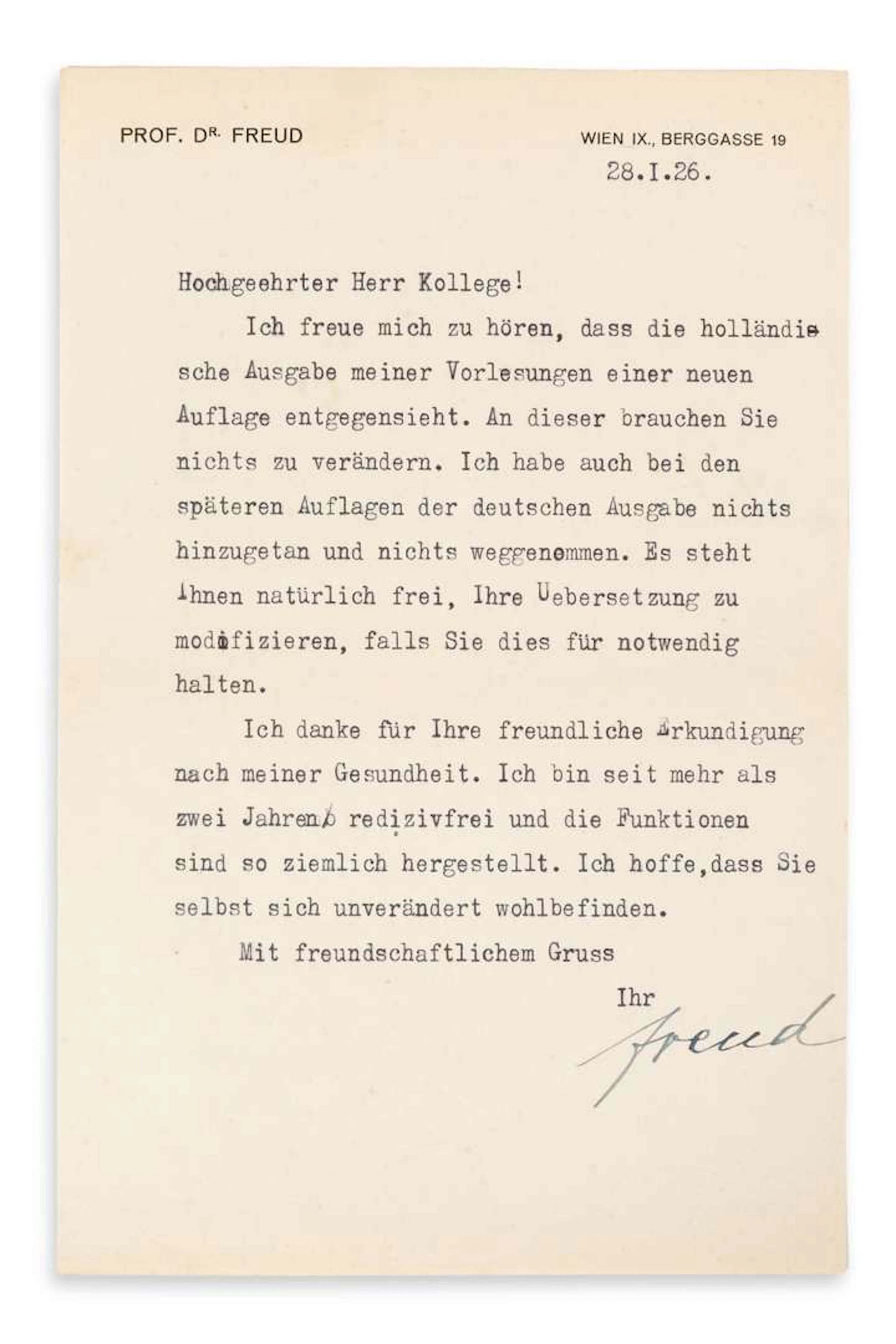 FREUD, Sigmund (1856–1939)., L.S. ‘Freud’, Vienna, 28 January 1926