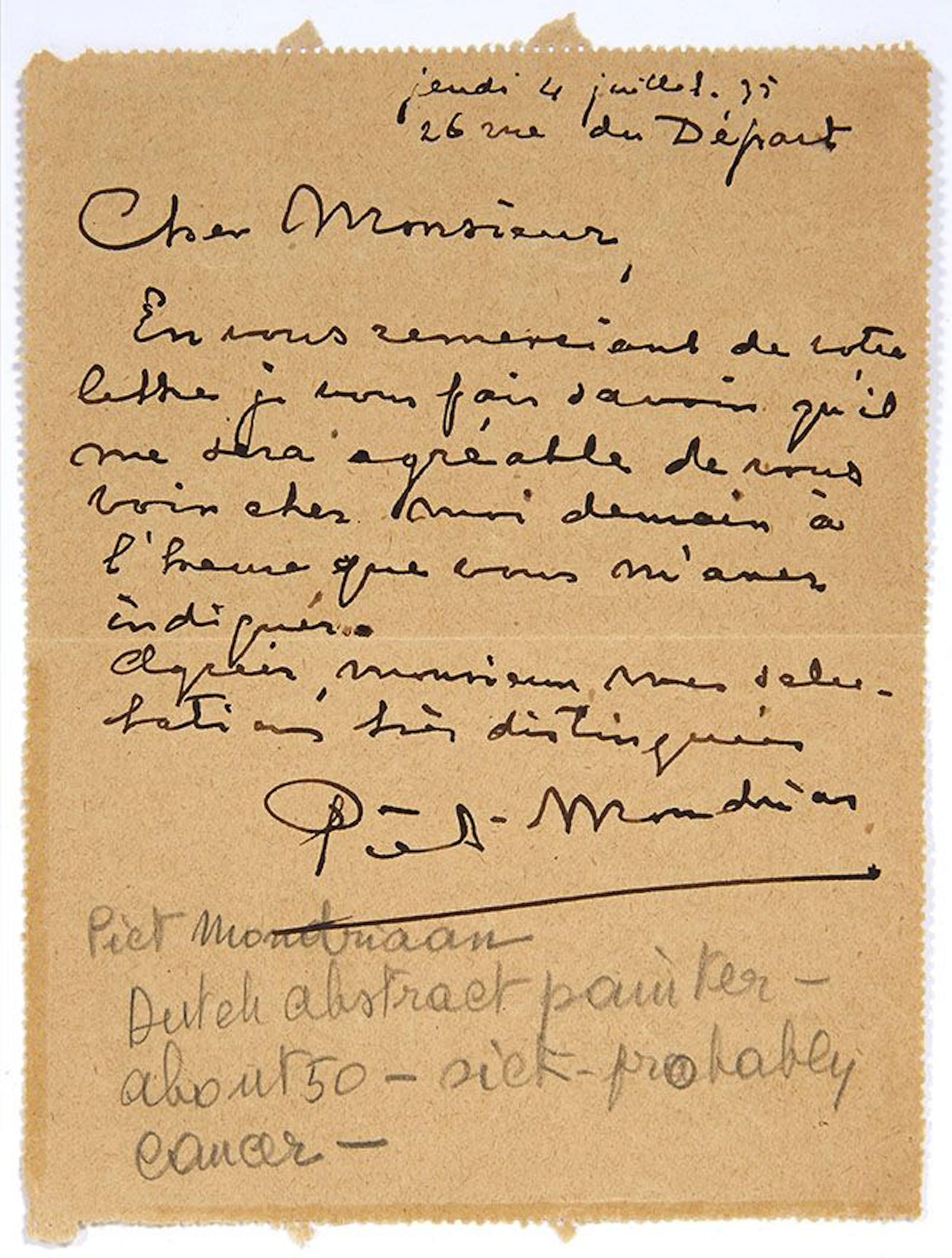 MONDRIAN Piet (1872-1944) L.A.S. "Piet Mondrian", [Paris] "2 - Lot 212