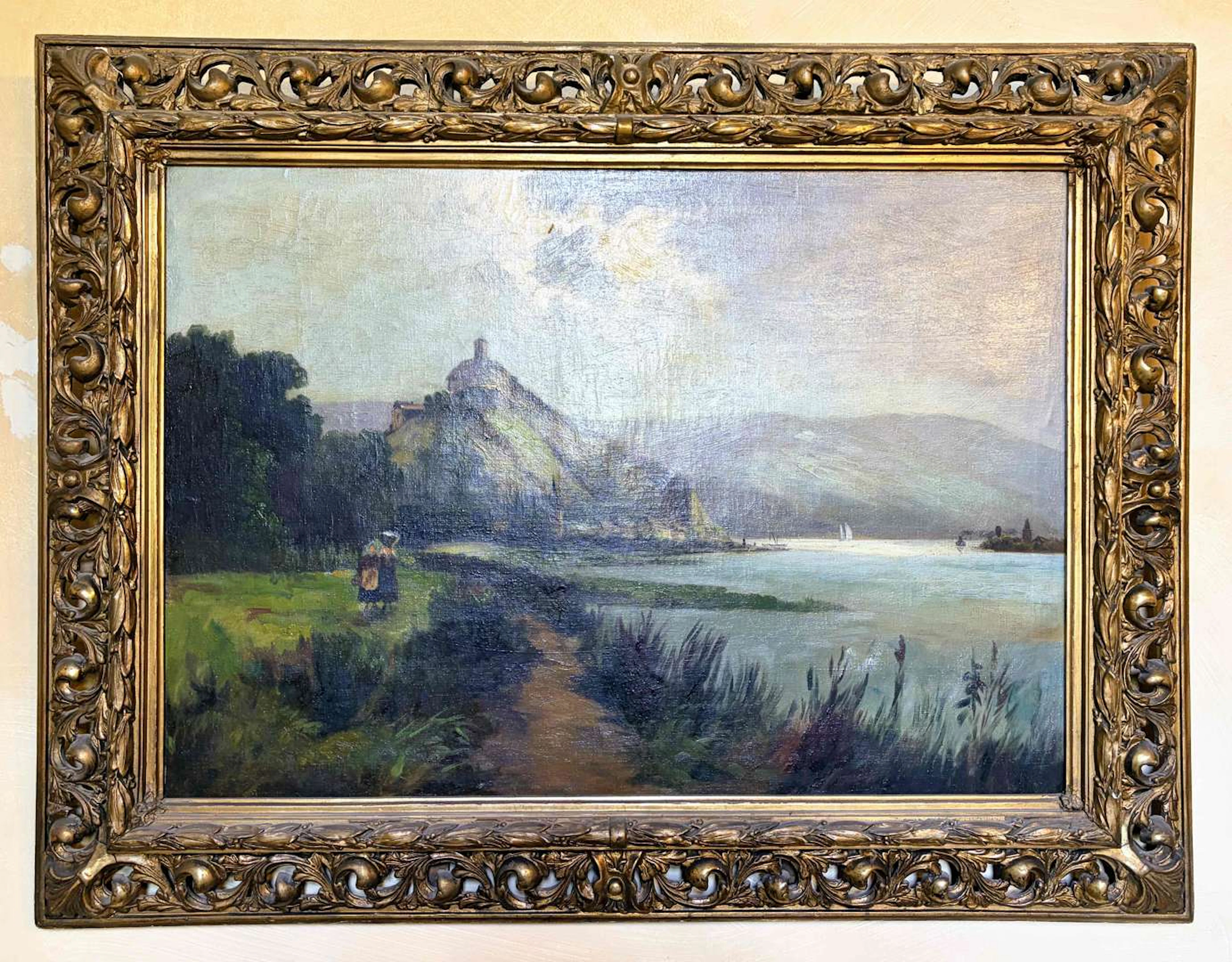 19th-century French school, Two peasant women walking along the riverbank