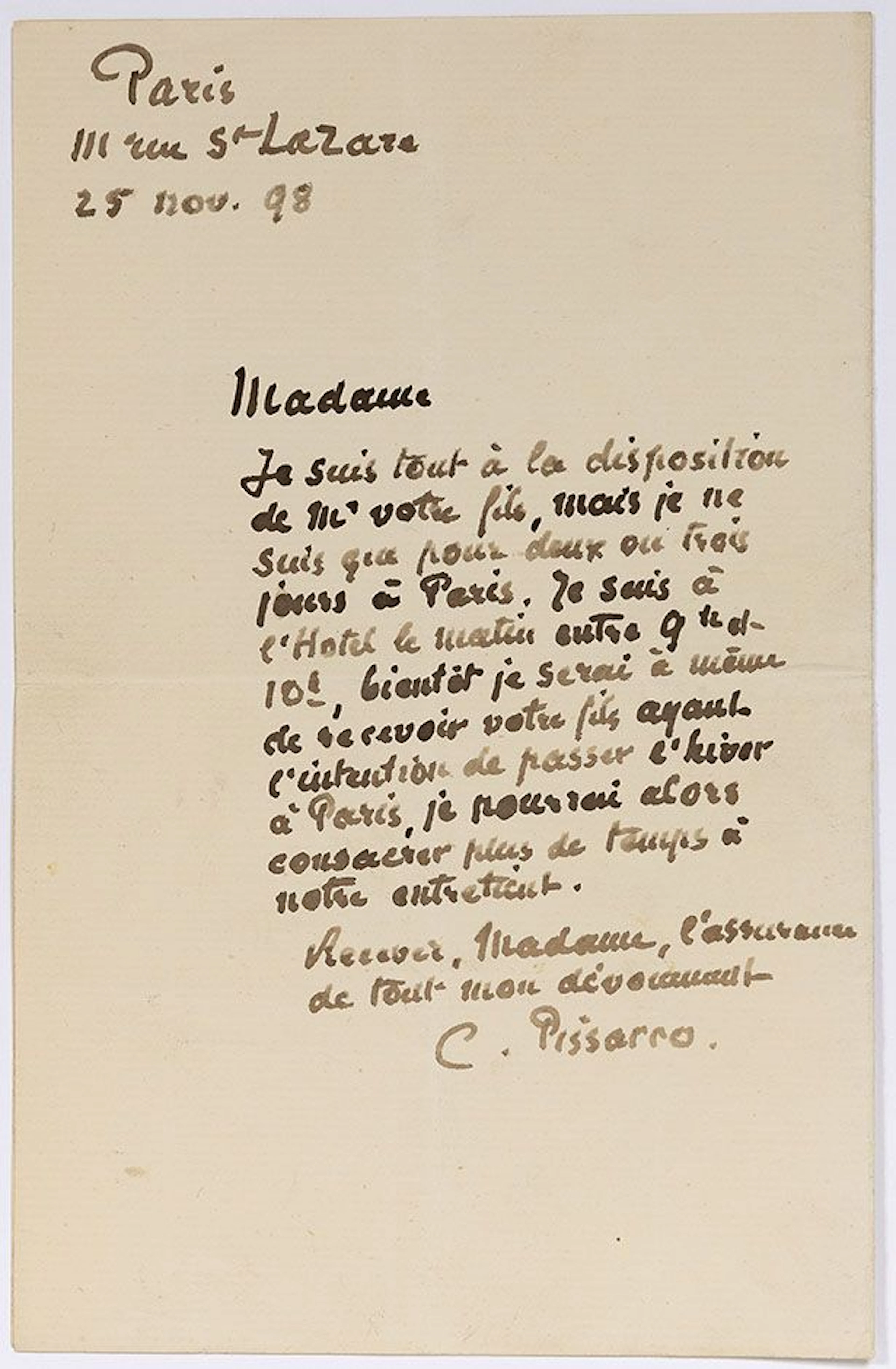 PISSARRO Camille (1830-1903) L.A.S. "C. Pissarro", Paris "11 - Lot 238