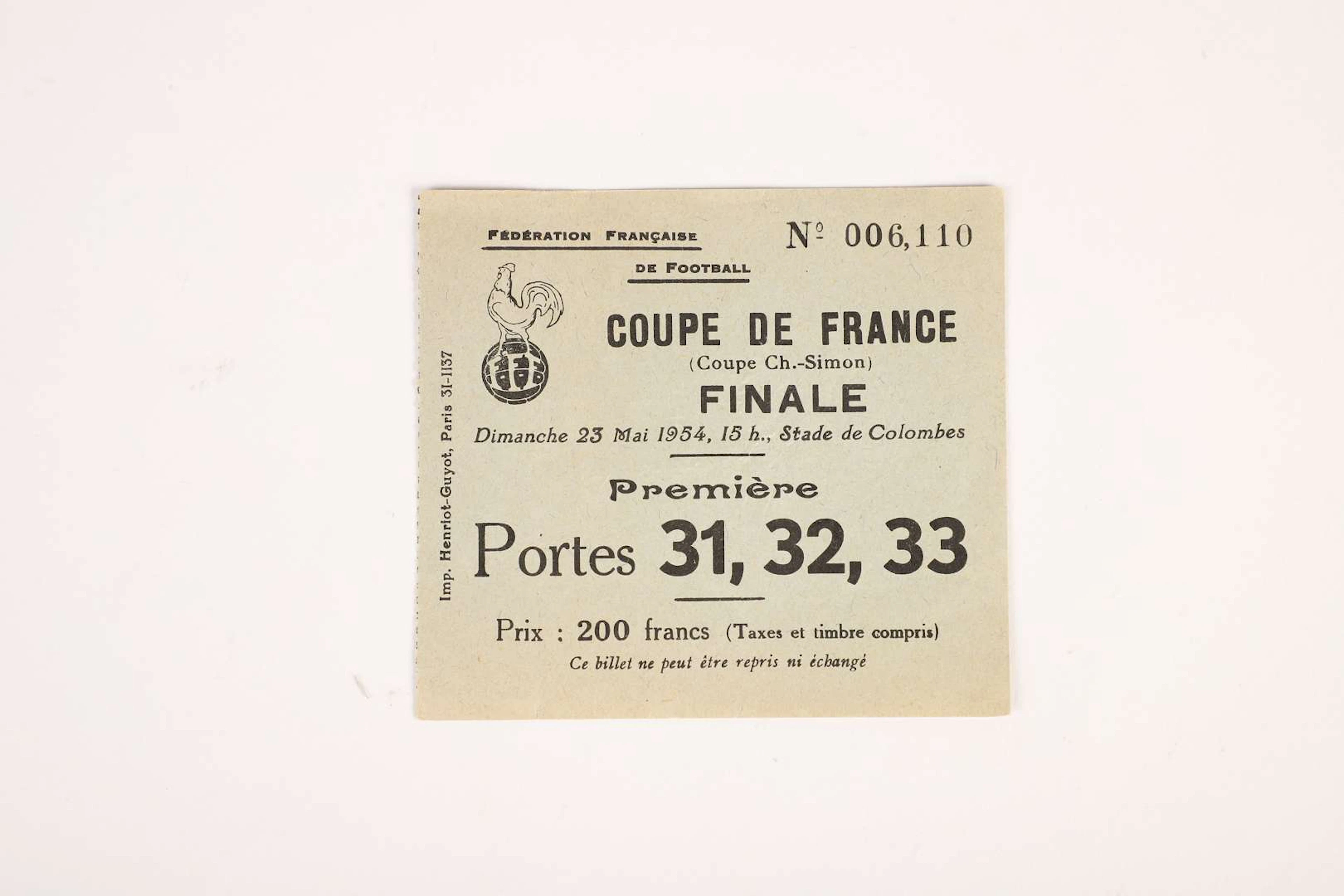 FOOTBALL French Cup Ticket, Tickets de la Finale 1954