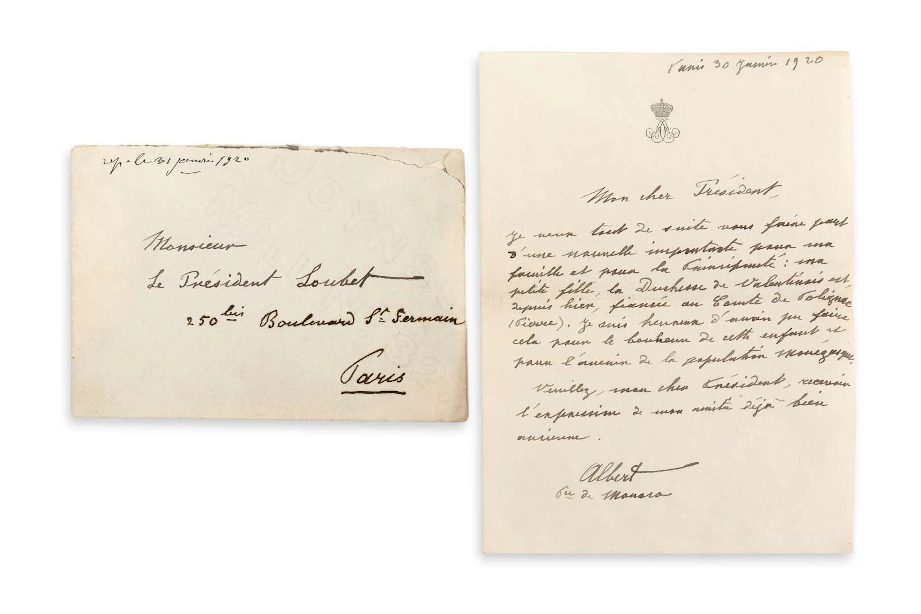 MONACO Albert I of (1848–1922)., L.A.S. ‘Albert, Place de Monaco’