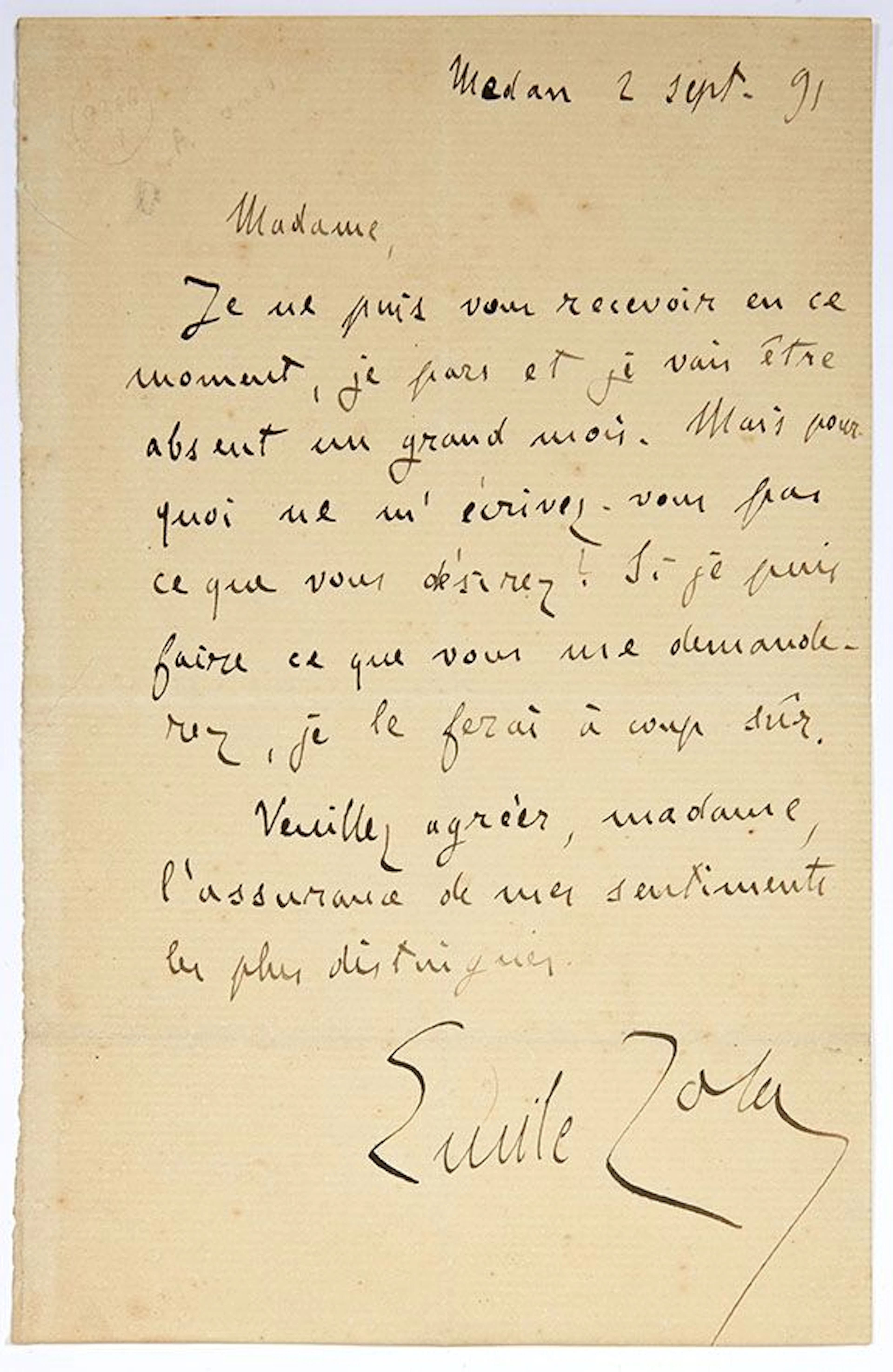 ZOLA Émile (1840-1902). L.A.S. "Emile Zola", Médan September - Lot 758