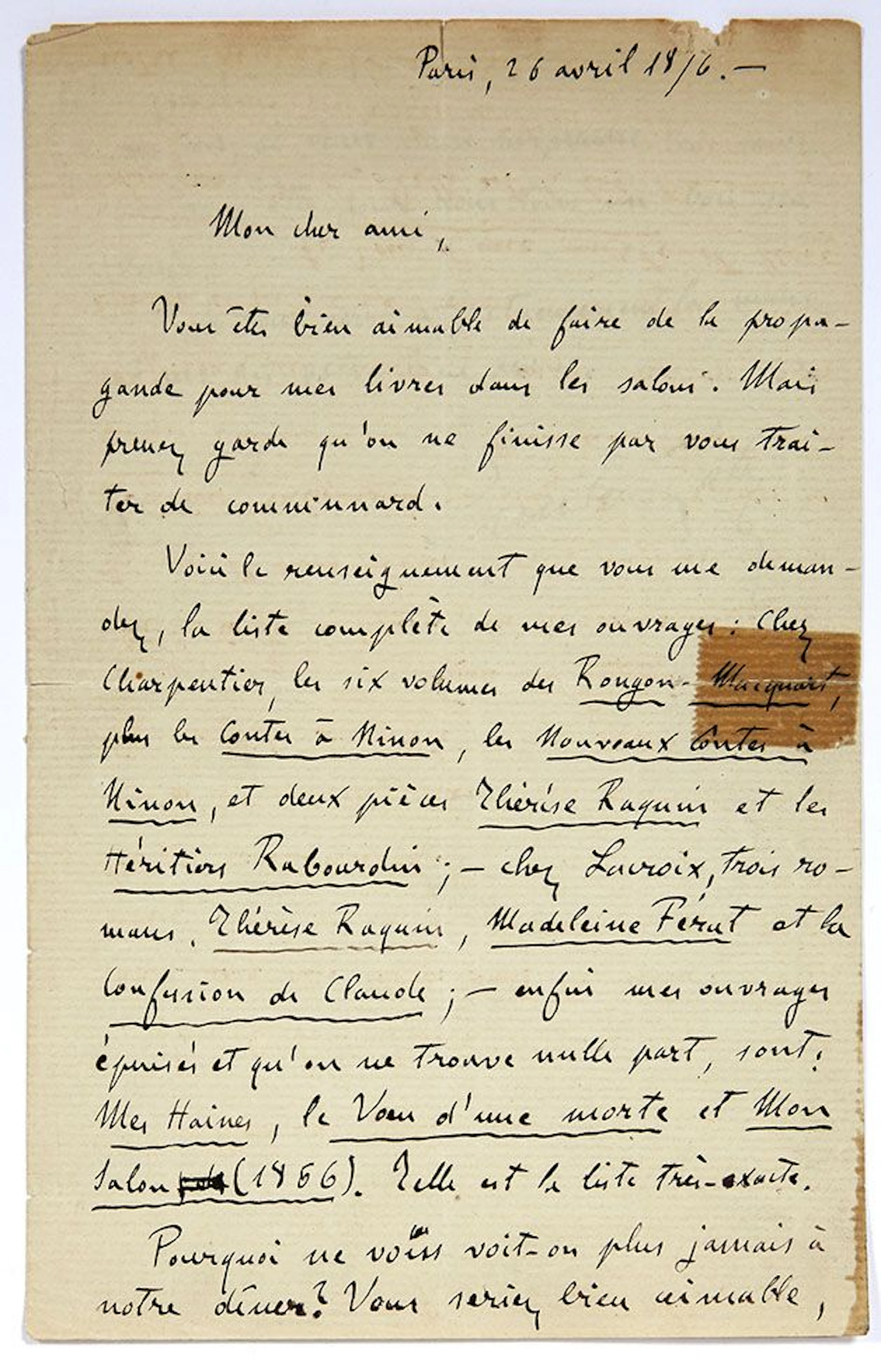 ZOLA Émile (1840-1902). L.A.S. "Emile Zola", Paris April 26, - Lot 756