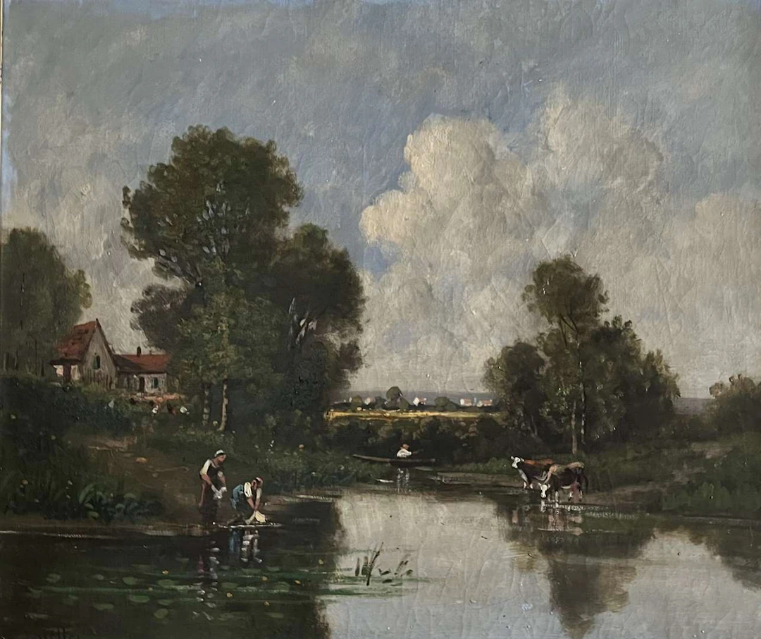 19th-century French school, Farmers and cows by the pond; A stop in the village
