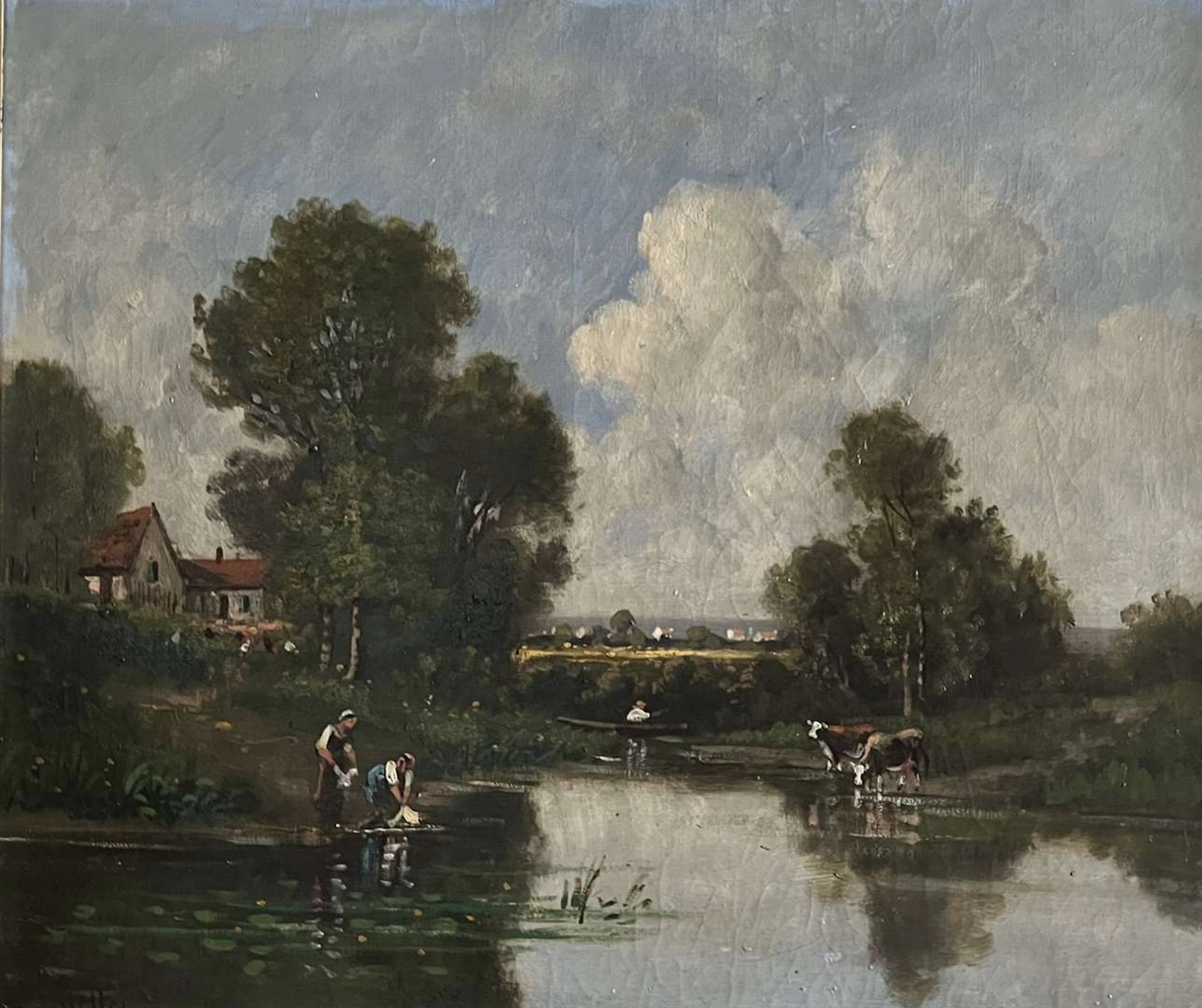 19th-century French school, Farmers and cows by the pond; A stop in the village