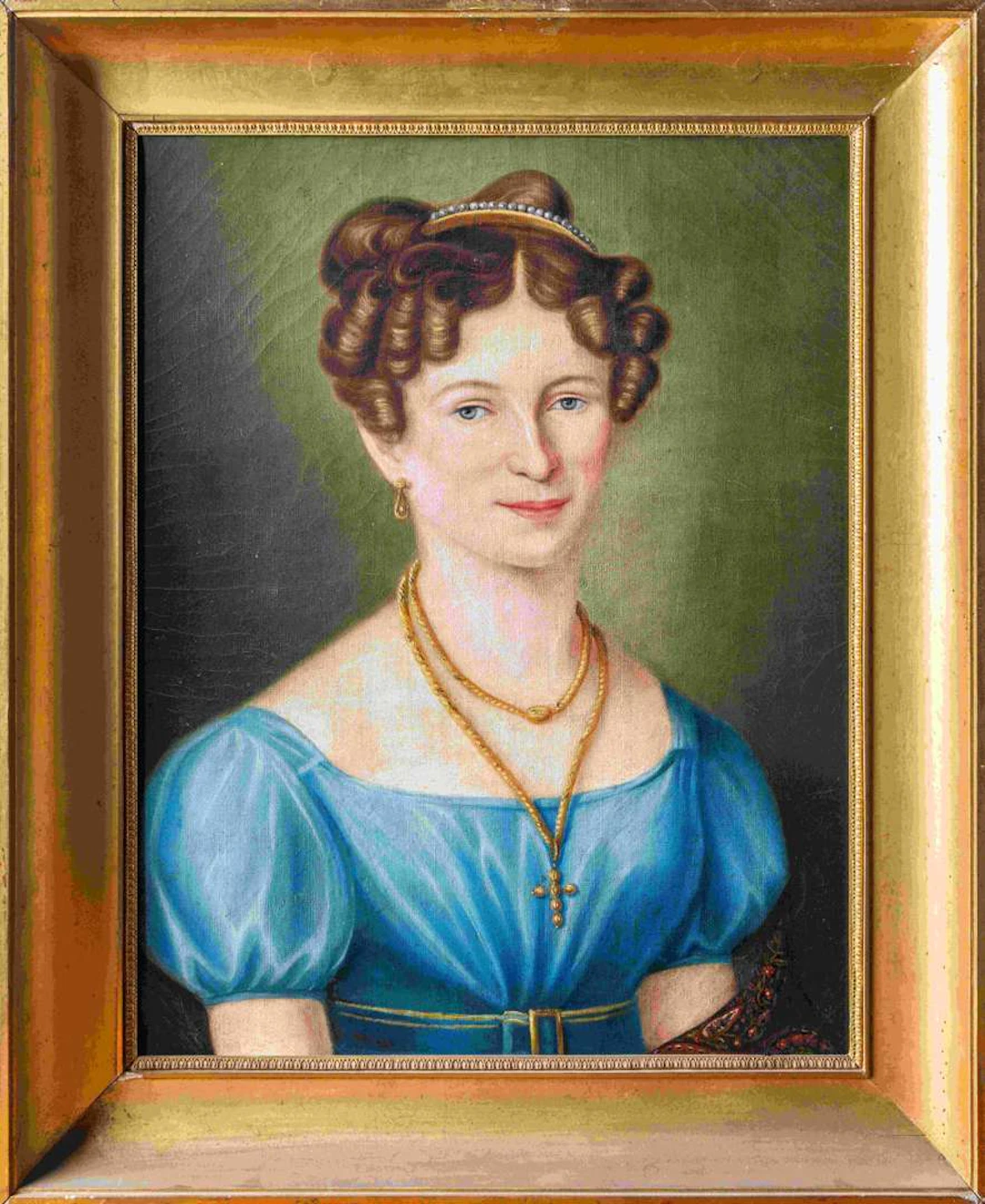 19th-century French school, Portrait of a young woman in a blue dress