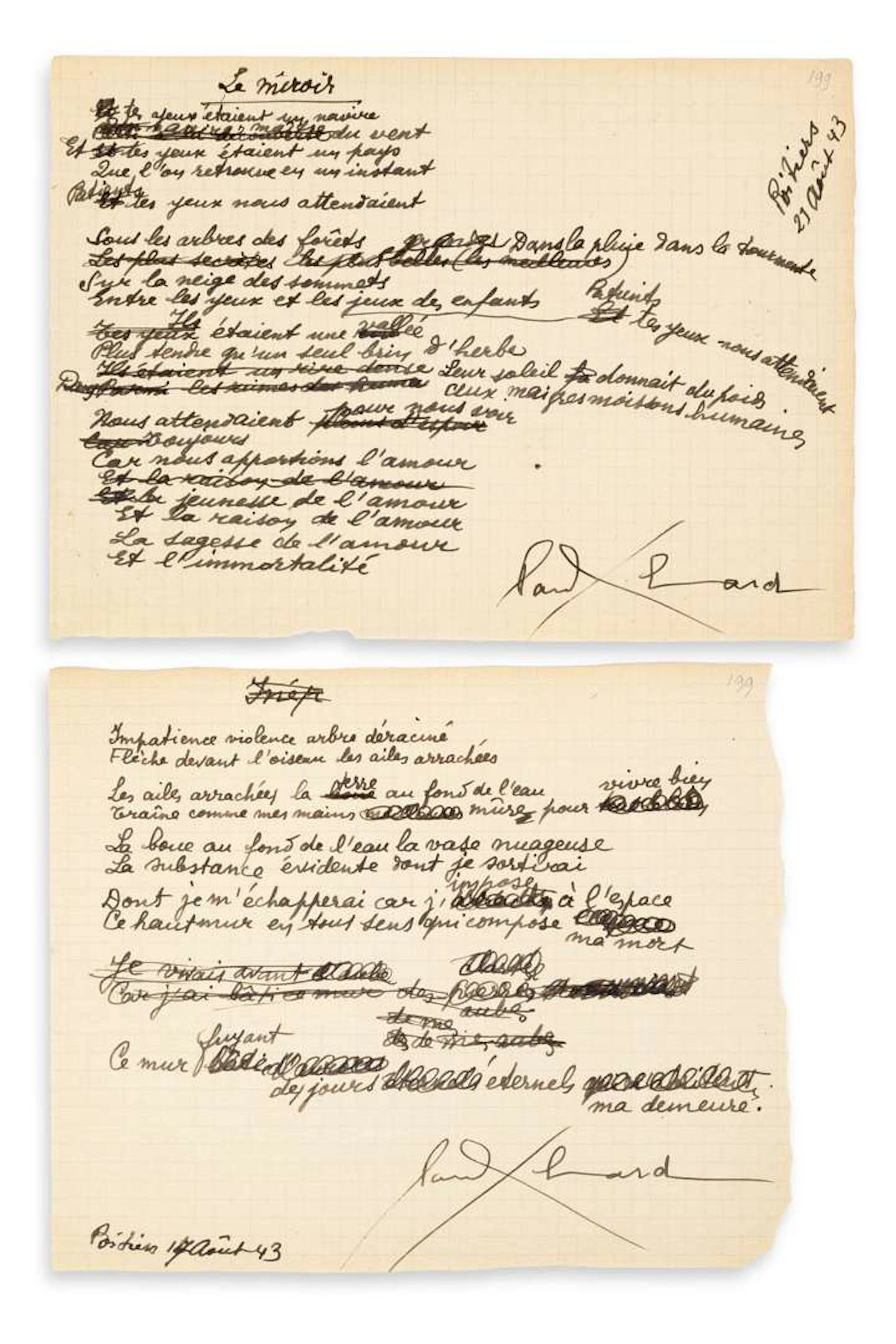 ELUARD, Paul (1895–1952)., 2 autograph poems signed ‘Paul Eluard’