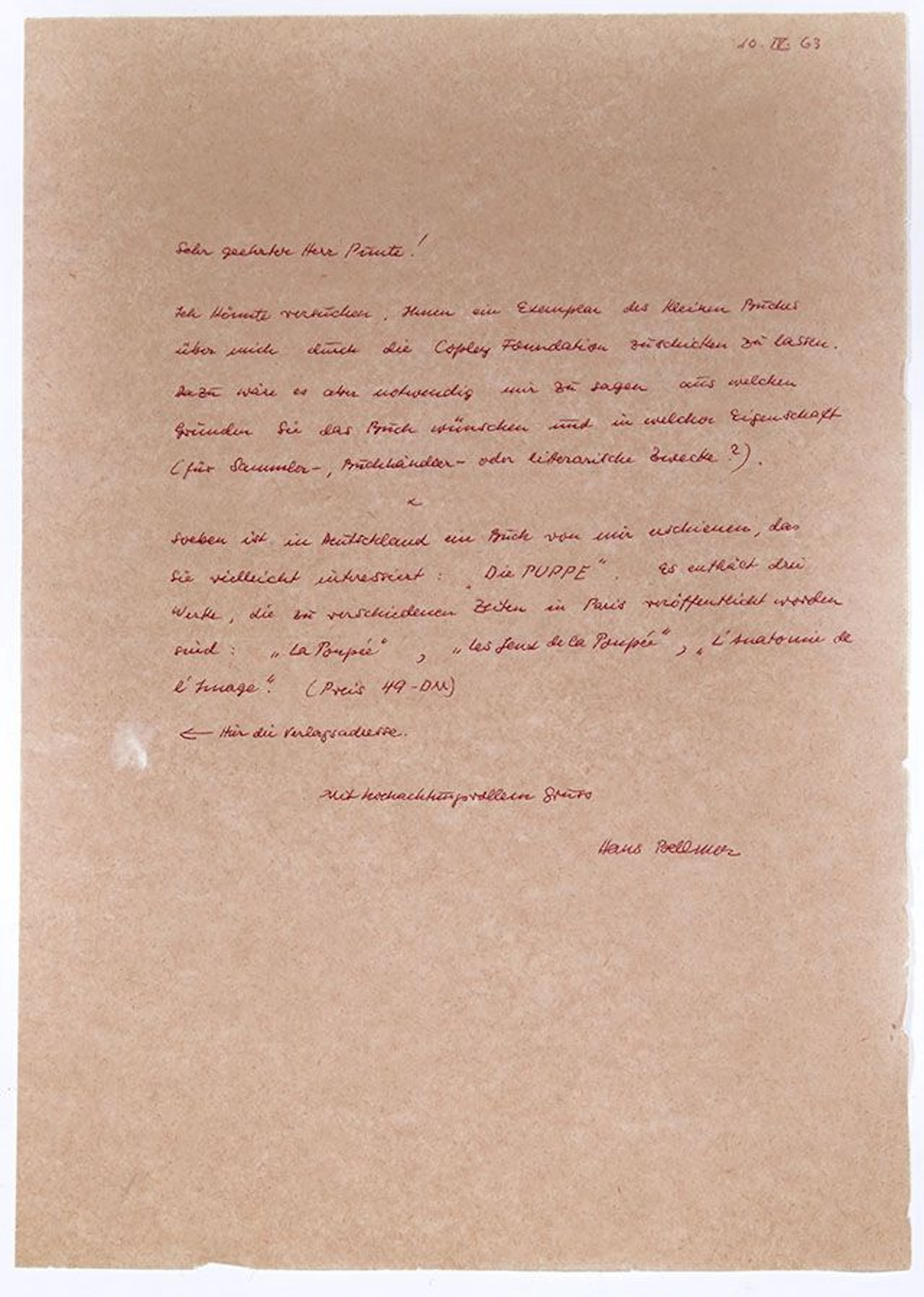 BELLMER Hans (1902-1975). L.A.S. "Hans Bellmer", April 10, 1 - Lot 162