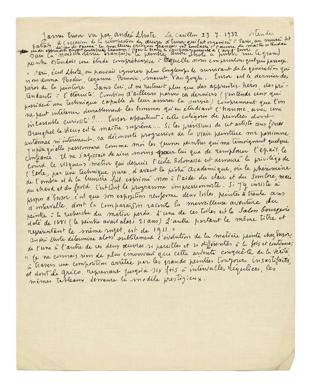 ENSOR, James (1860–1949)., Autograph manuscript, James Ensor as seen