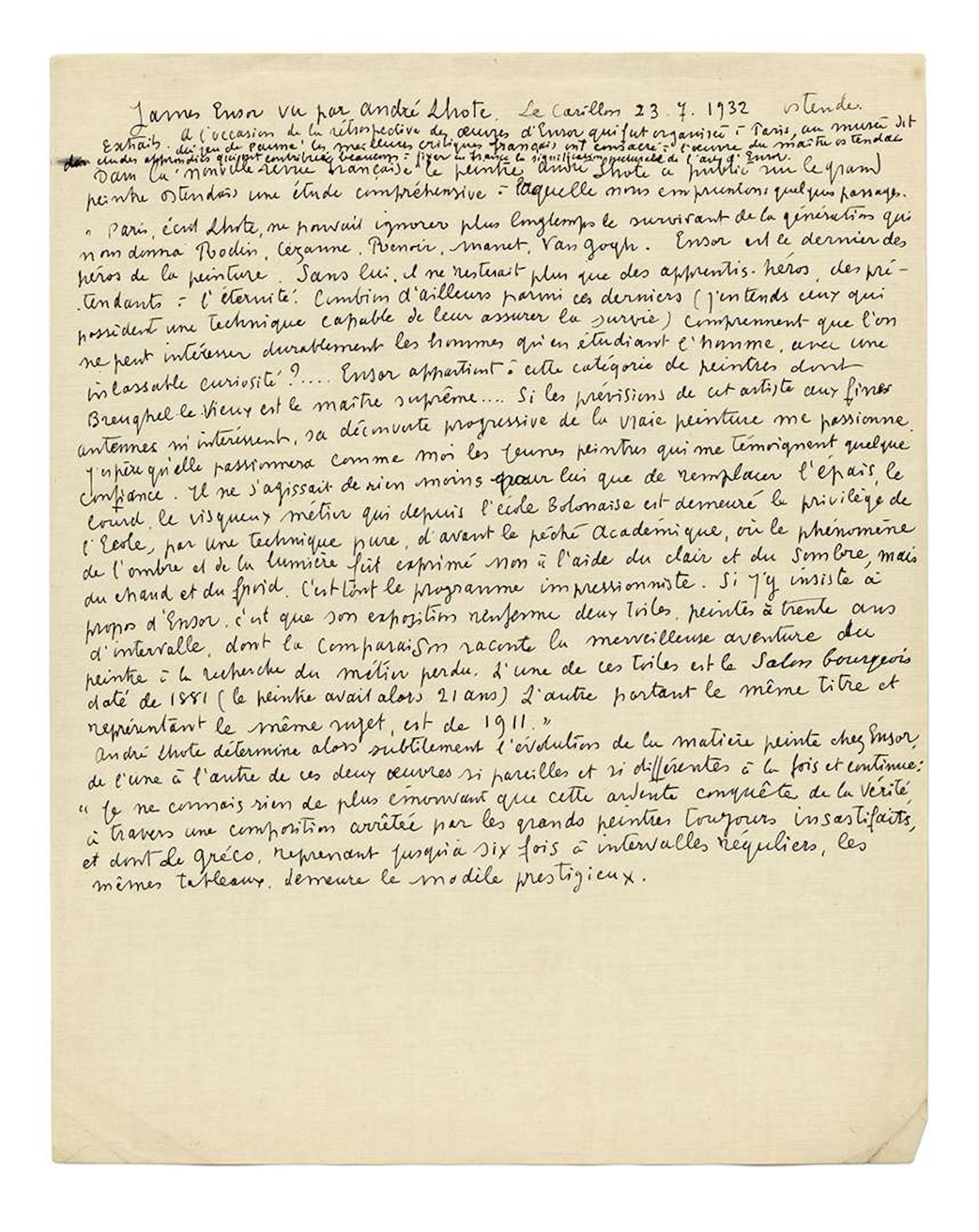 ENSOR, James (1860–1949)., Autograph manuscript, James Ensor as seen