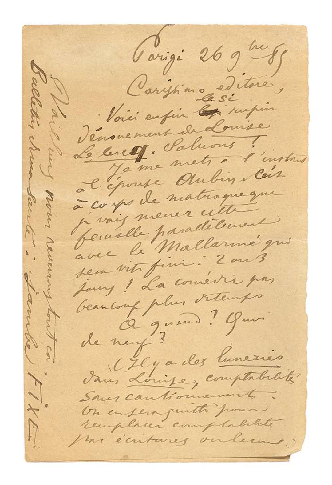 VERLAINE, Paul (1844–1896)., L.A., ‘Parigi’, 26 November 1885, to