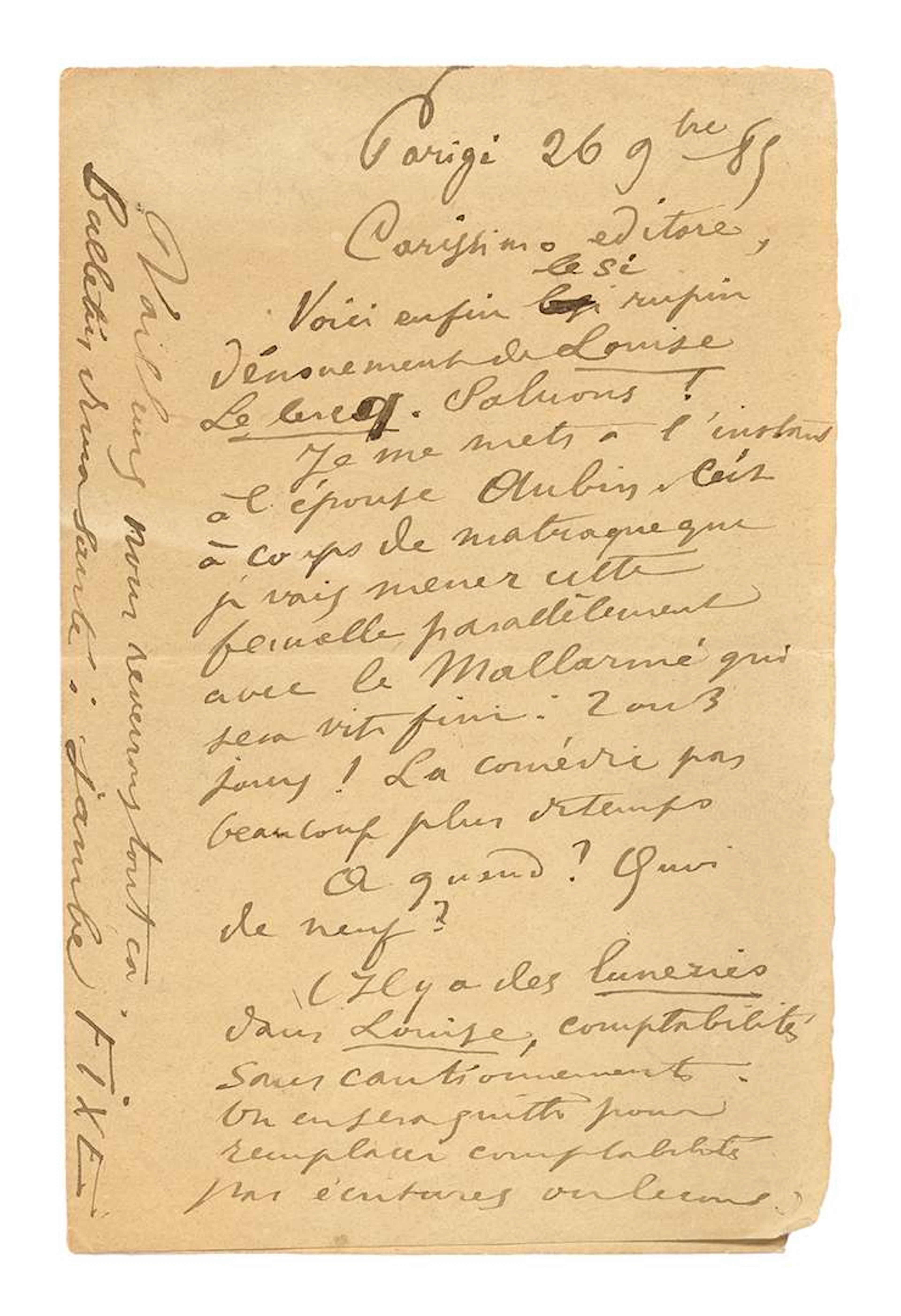 VERLAINE, Paul (1844–1896)., L.A., ‘Parigi’, 26 November 1885, to
