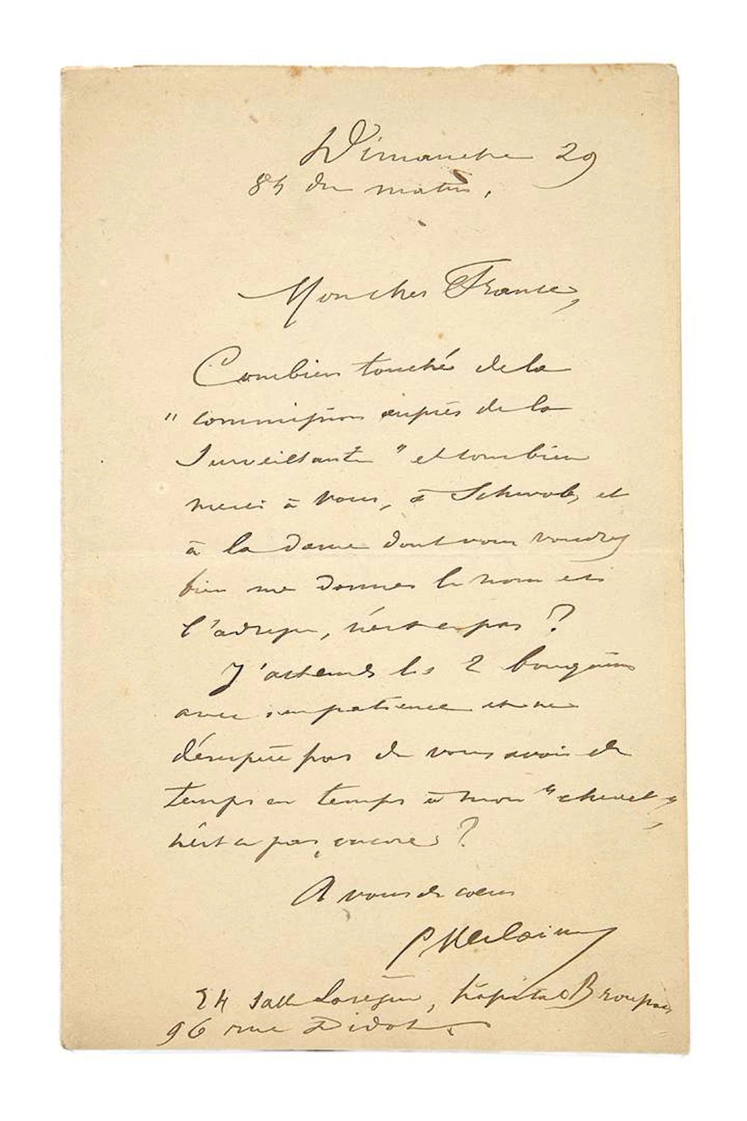 VERLAINE, Paul (1844–1896)., L.A.S. ‘P. Verlaine’, Broussais Hospital