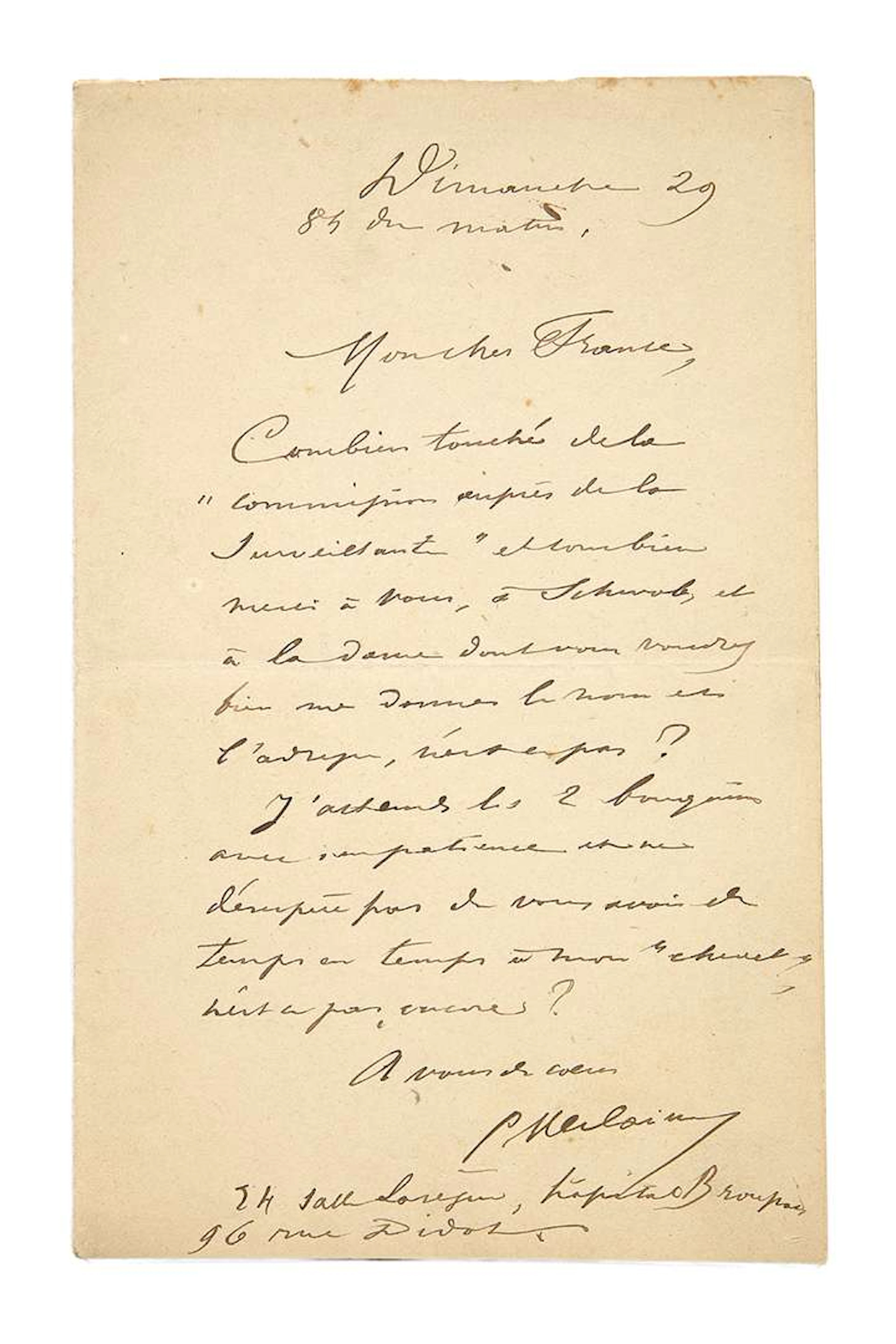 VERLAINE, Paul (1844–1896)., L.A.S. ‘P. Verlaine’, Broussais Hospital