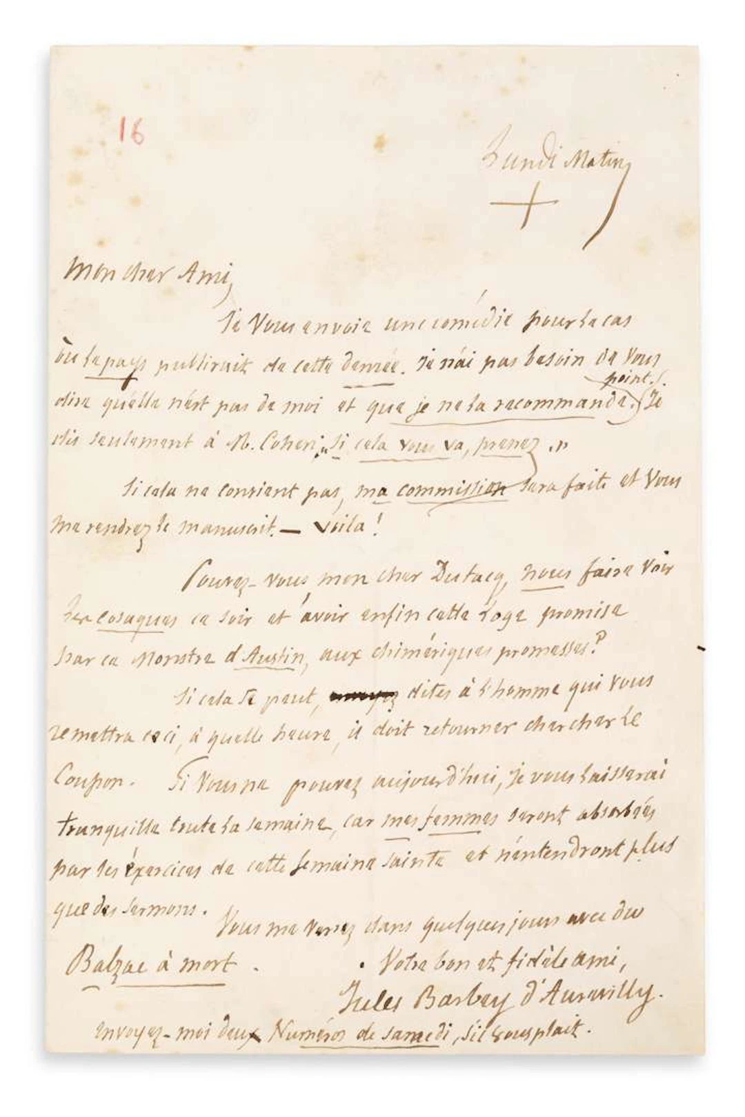 Jules BARBEY D’AUREVILLY (1808–1889)., L.A.S. ‘Jules Barbey d’Aurevilly’