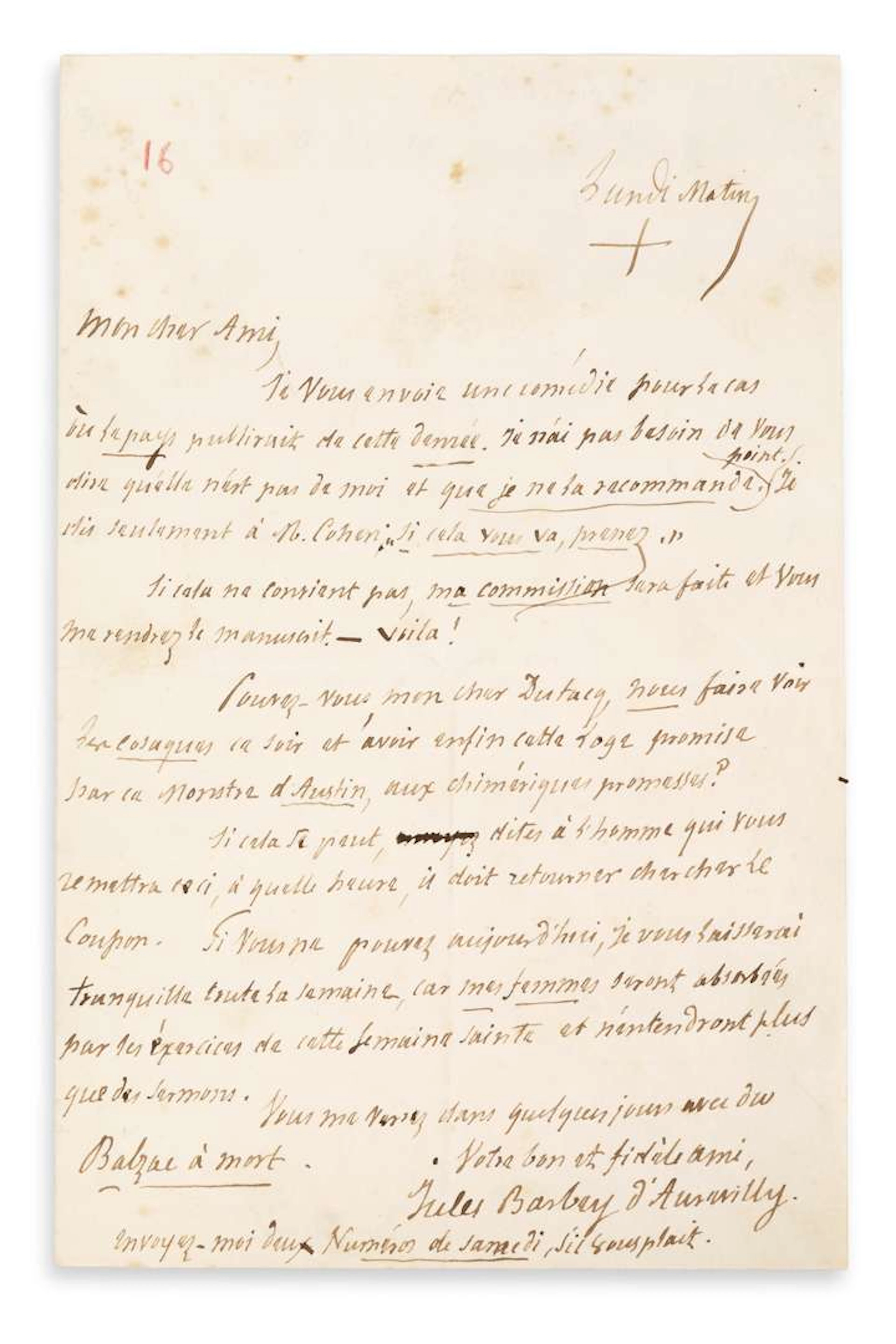 Jules BARBEY D’AUREVILLY (1808–1889)., L.A.S. ‘Jules Barbey d’Aurevilly’