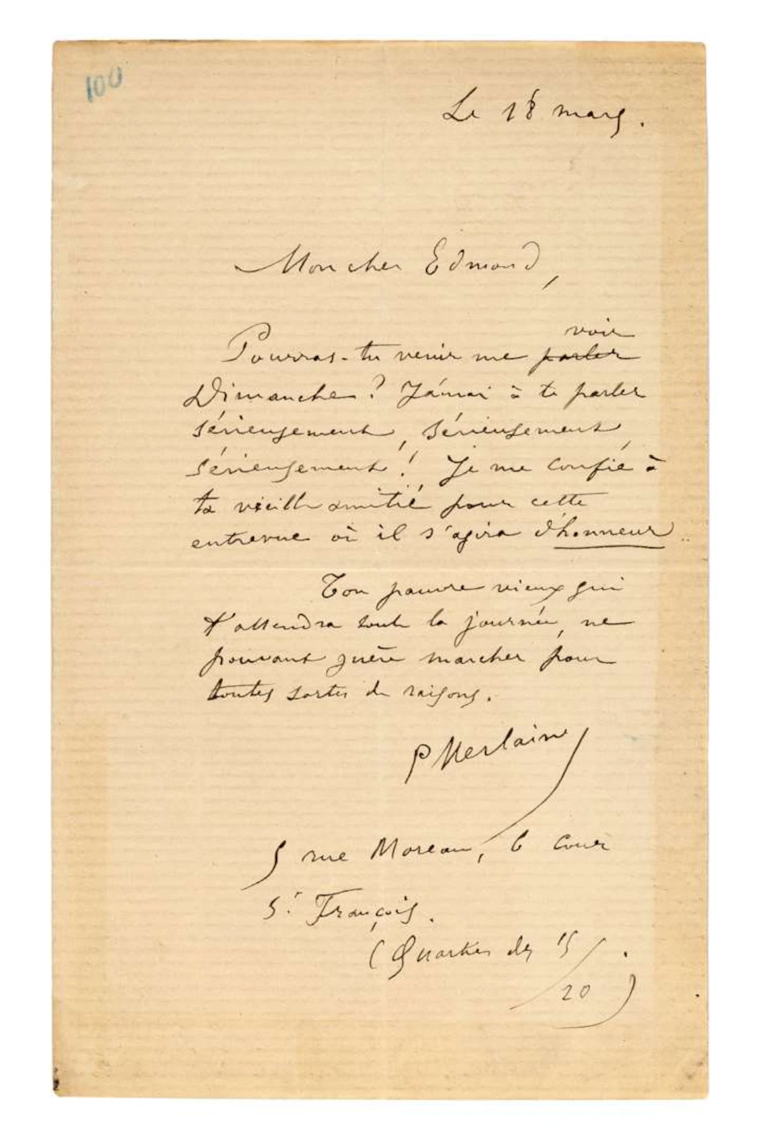 VERLAINE, Paul (1844–1896)., L.A.S. ‘P. Verlaine’, 18 March [1886]