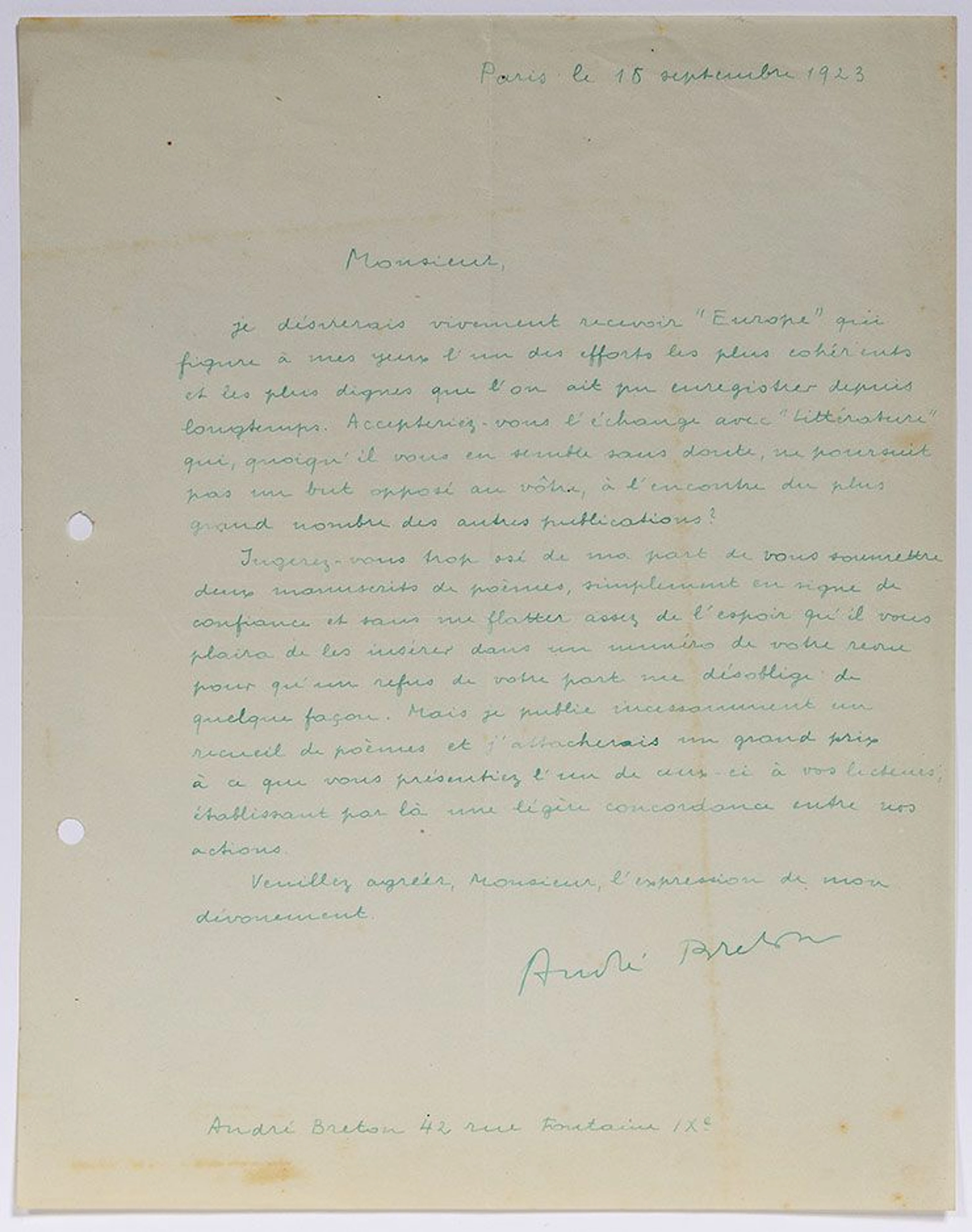 BRETON André (1896-1966). L.A.S. "André Breton", Paris Septe - Lot 533