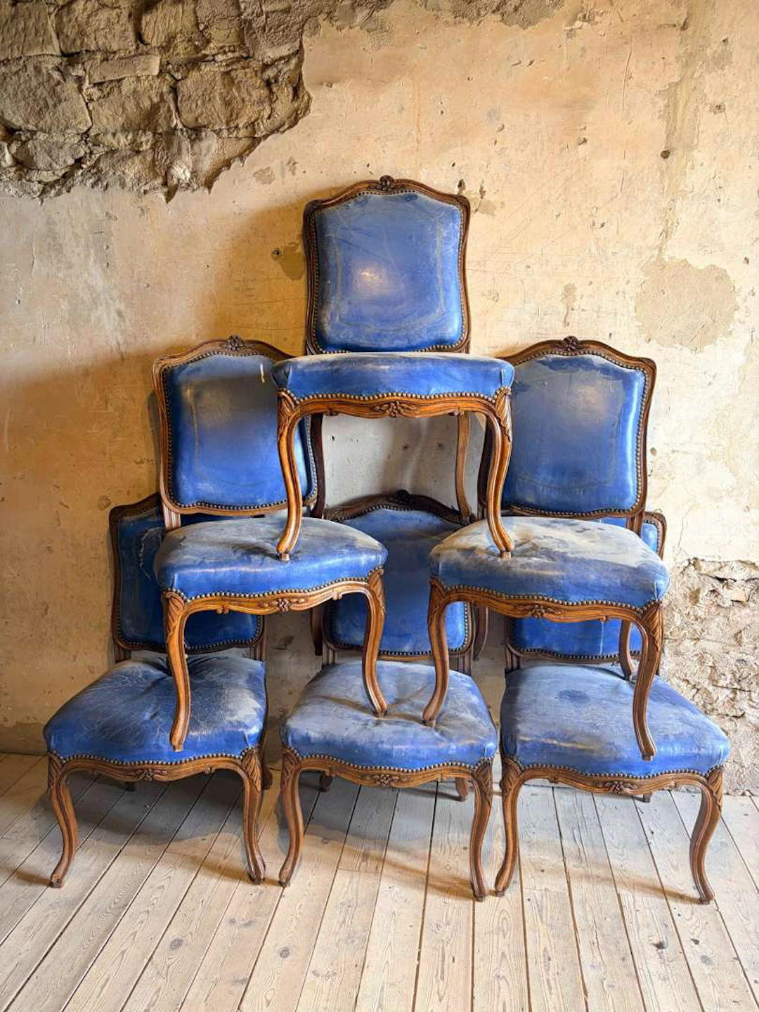 Set of six chairs, carved, moulded wood