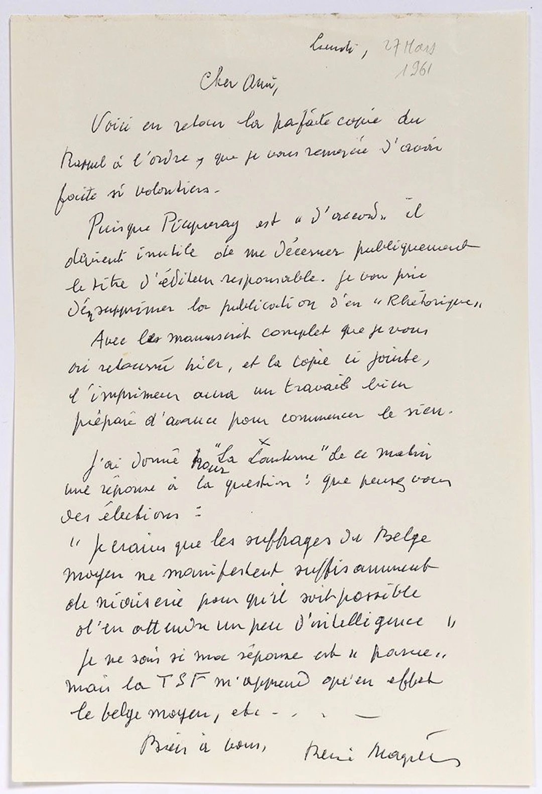 MAGRITTE René (1898-1967). L.A.S. "René Magritte", Monday [M - Lot 202