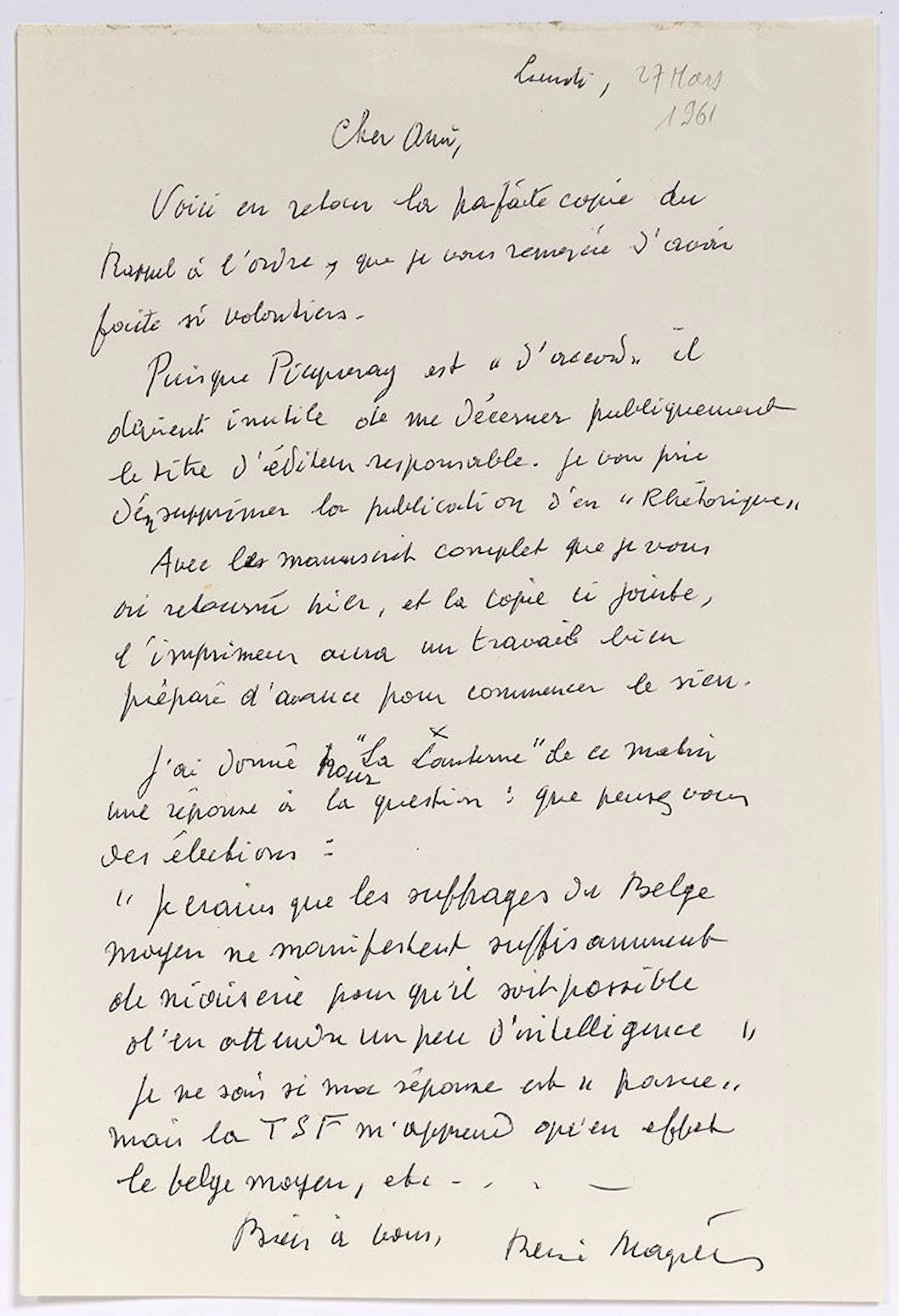 MAGRITTE René (1898-1967). L.A.S. "René Magritte", Monday [M - Lot 202