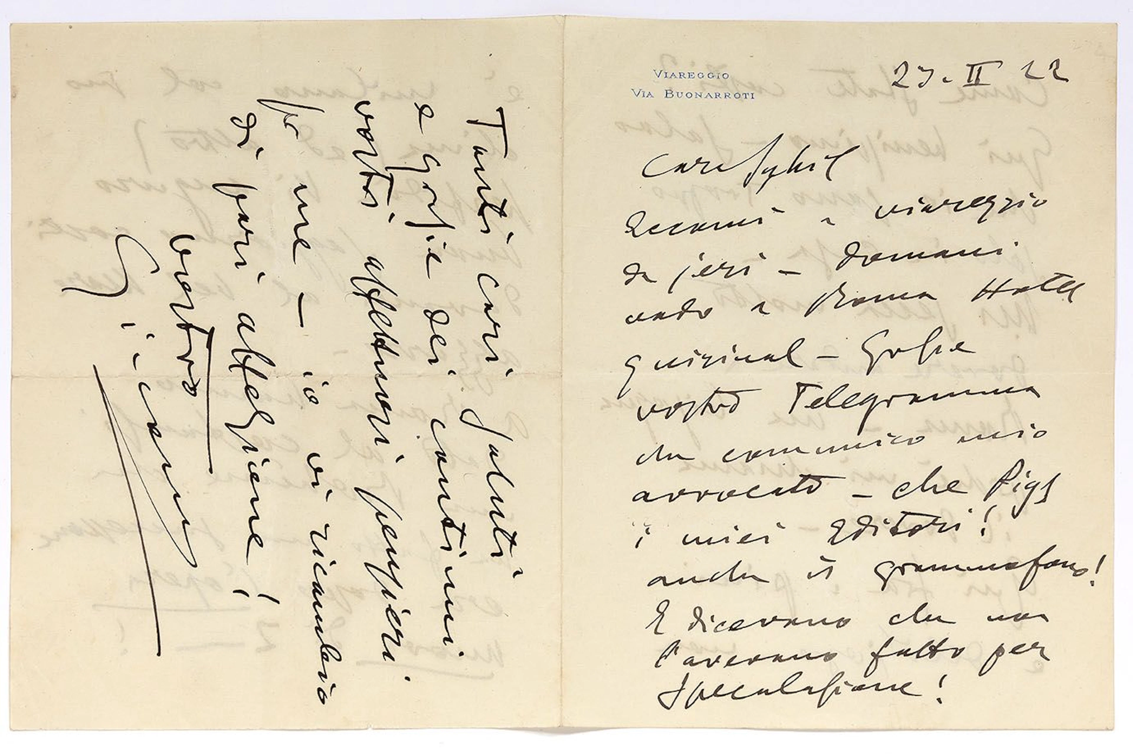 PUCCINI Giacomo (1858-1924). L.A.S. "Giacomo", Viareggio Feb - Lot 293