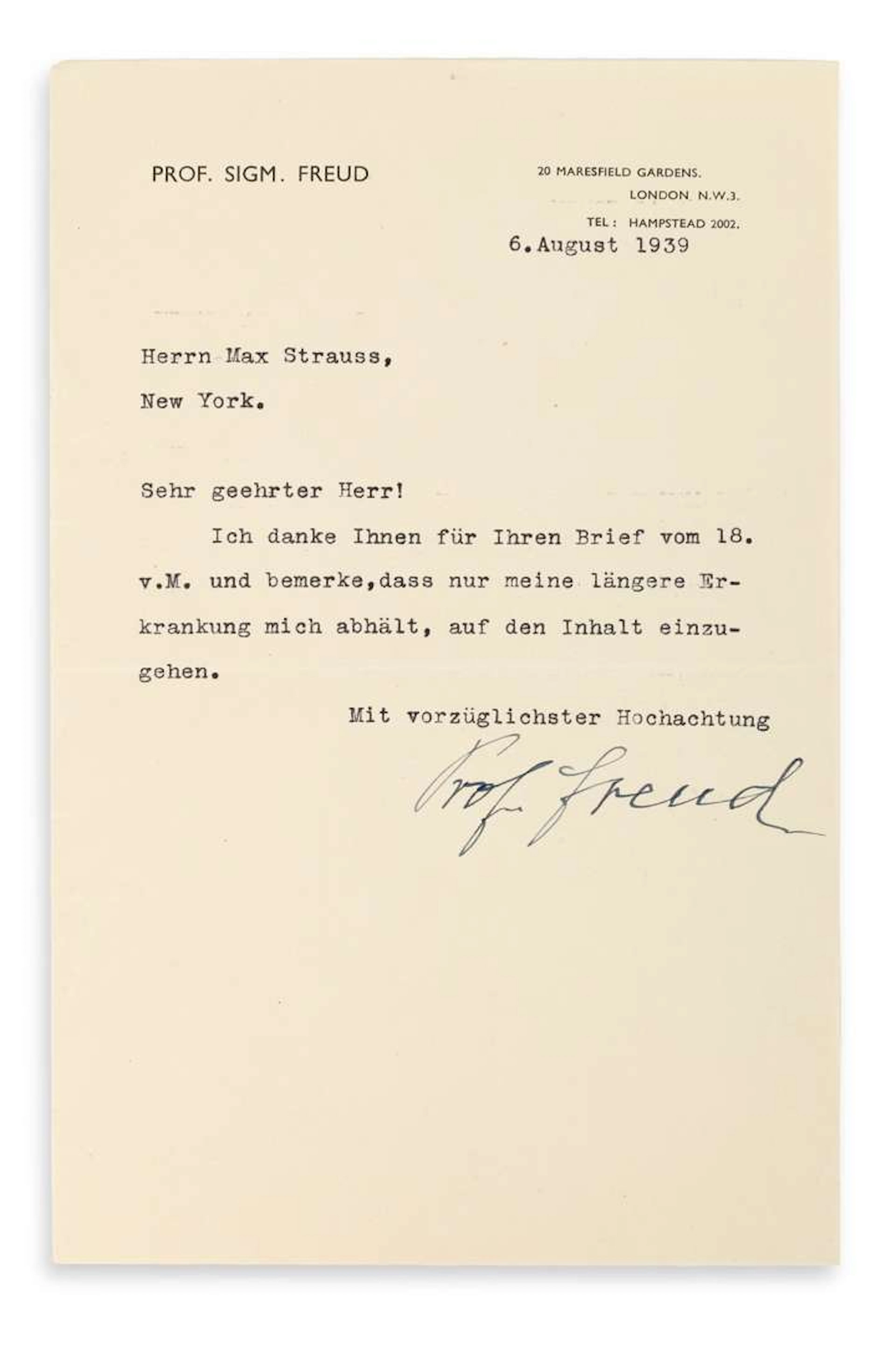 FREUD, Sigmund (1856–1939)., L.S. ‘Prof. Freud’, London, 6 August