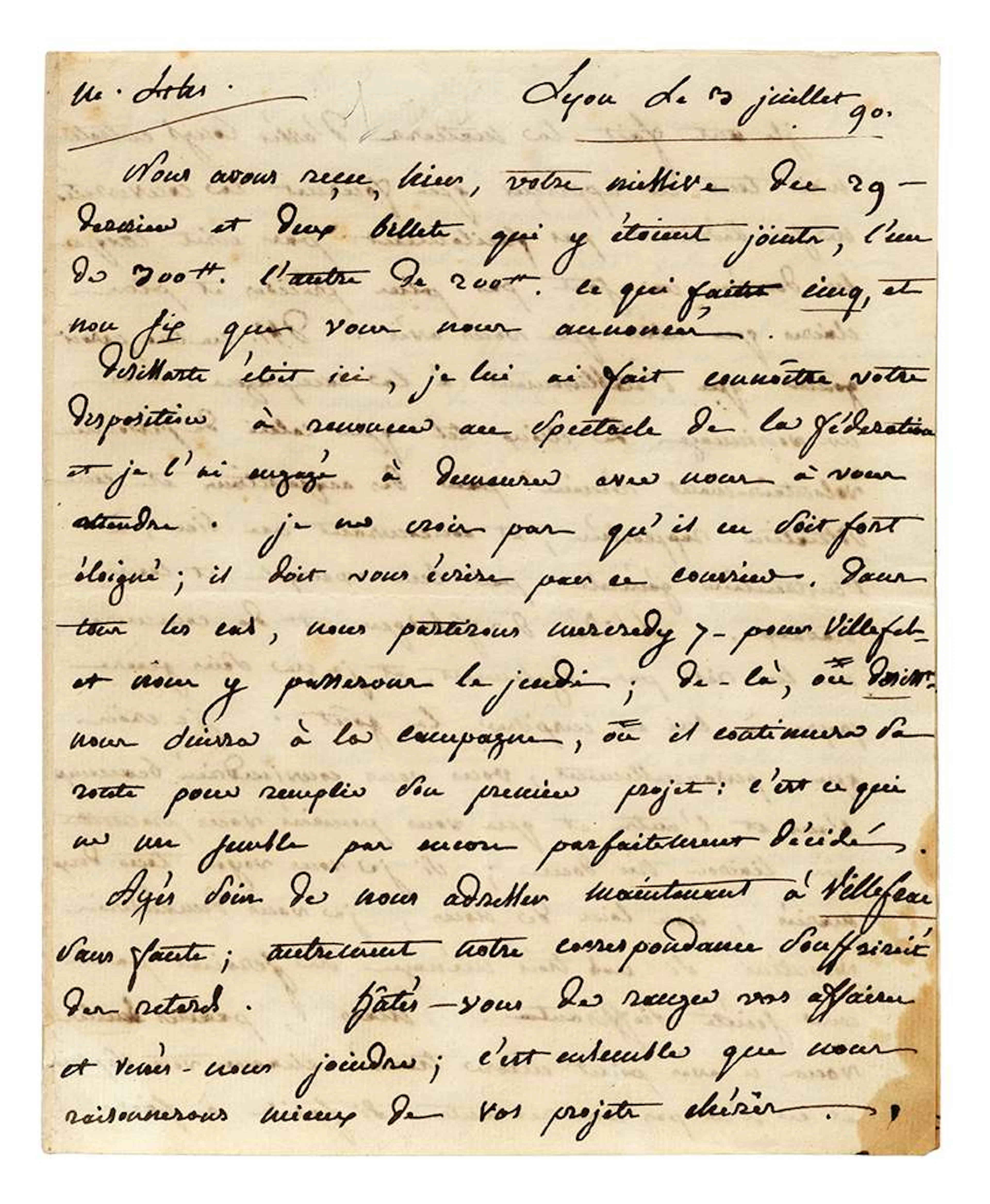 ROLAND Manon Phlipon, Madame (1754–1793)., Letter from ‘P.’ to Lyon