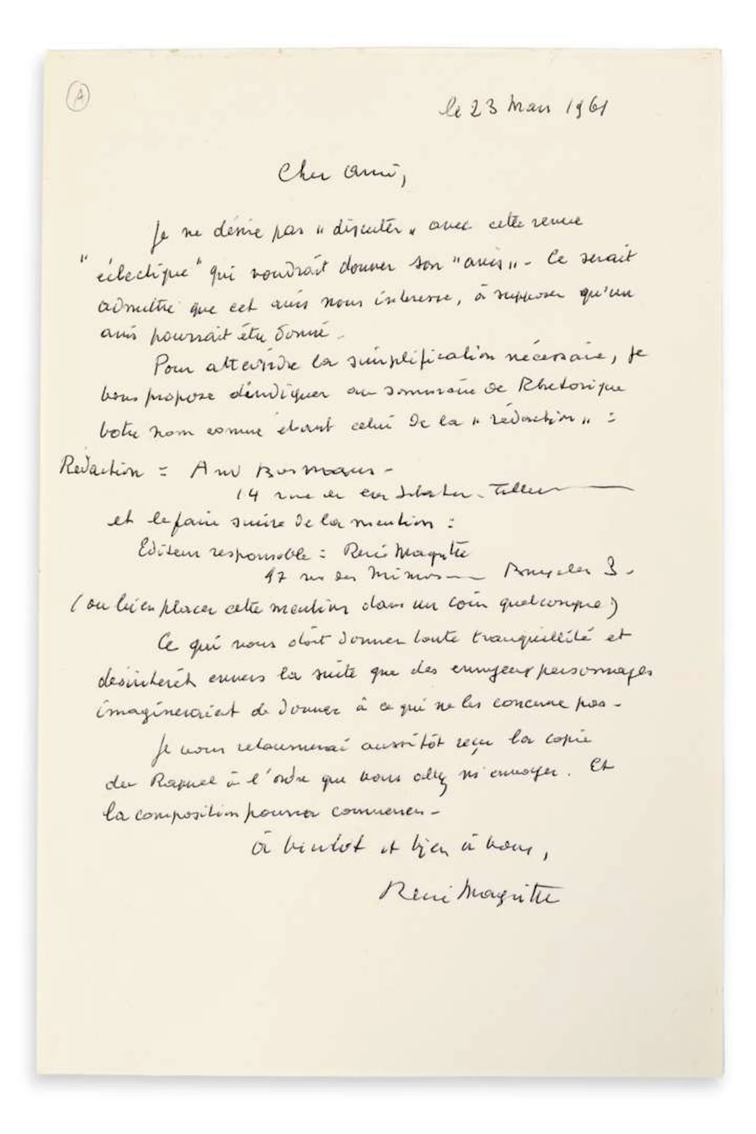 MAGRITTE, René (1898–1967)., L.A.S. ‘René Magritte’, 23 March 1961