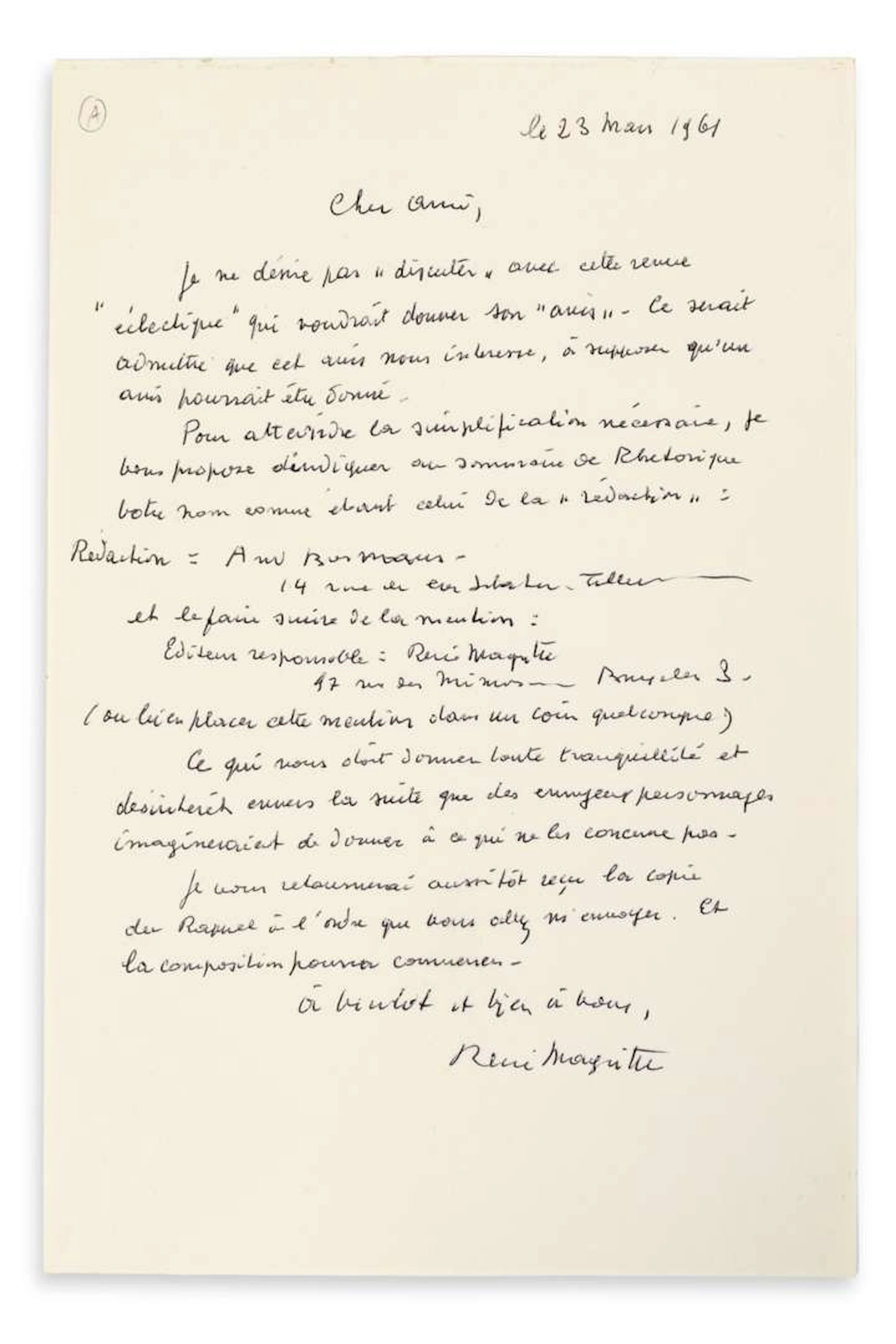 MAGRITTE, René (1898–1967)., L.A.S. ‘René Magritte’, 23 March 1961