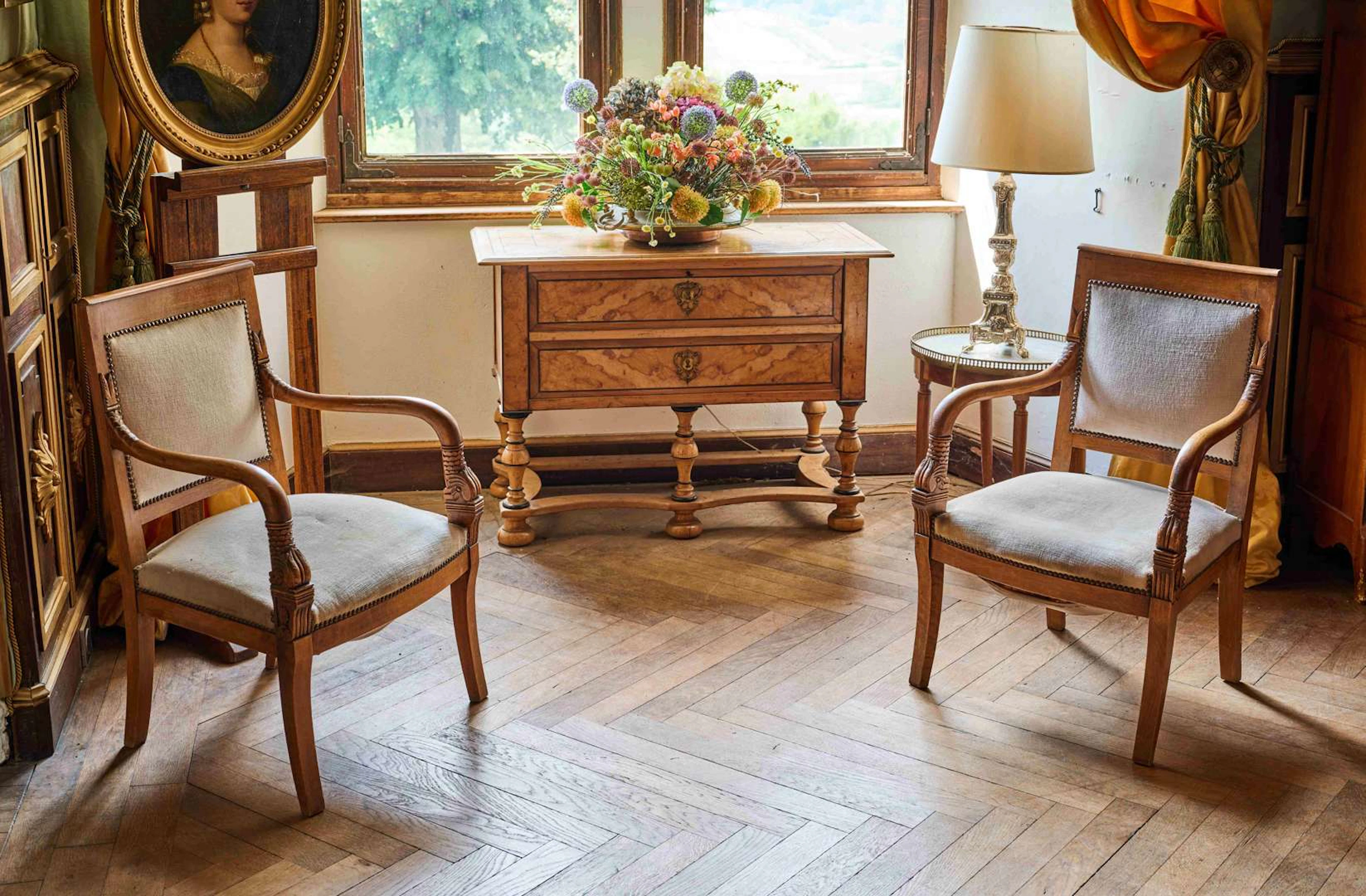 Pair of armchairs, carved wooden chair with a straight backrest