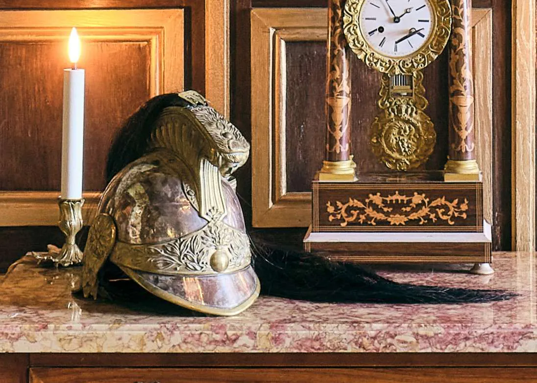 Dragoon officer’s helmet, Model 1874 and its carrying case