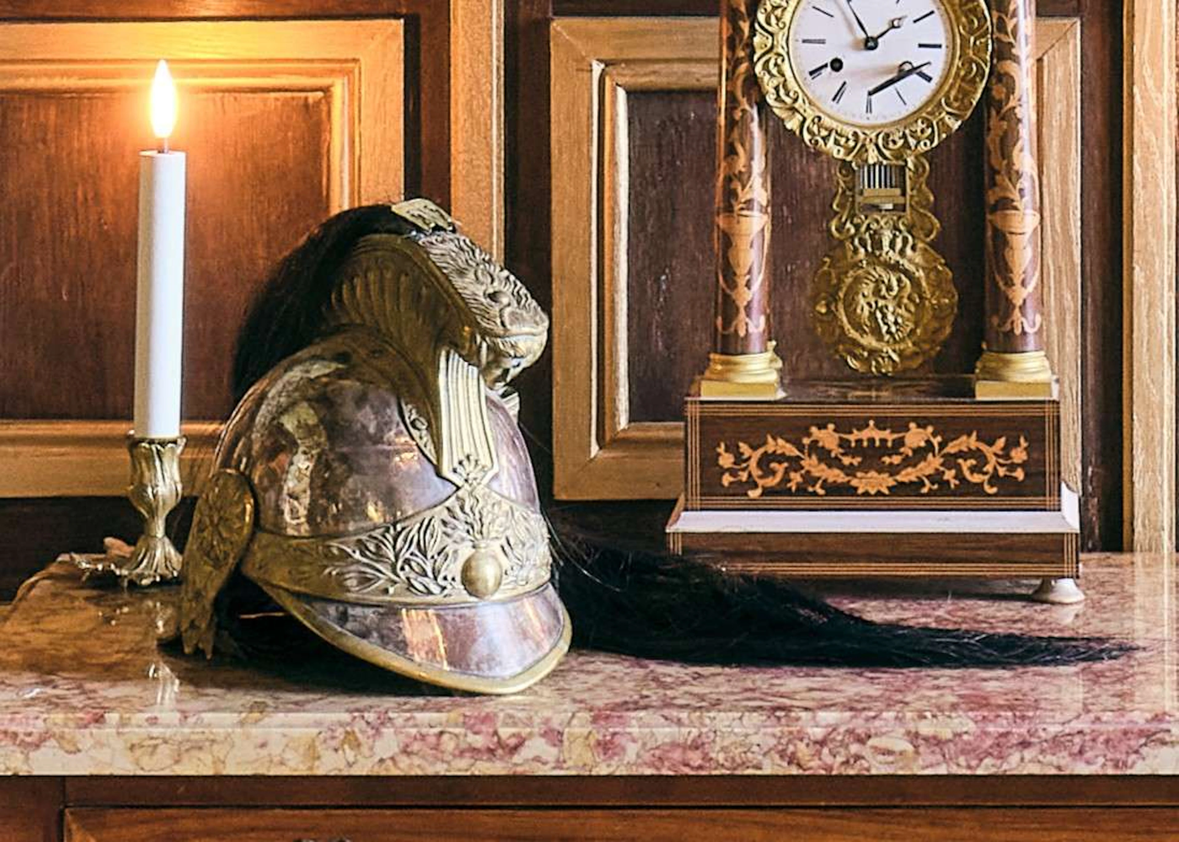 Dragoon officer’s helmet, Model 1874 and its carrying case