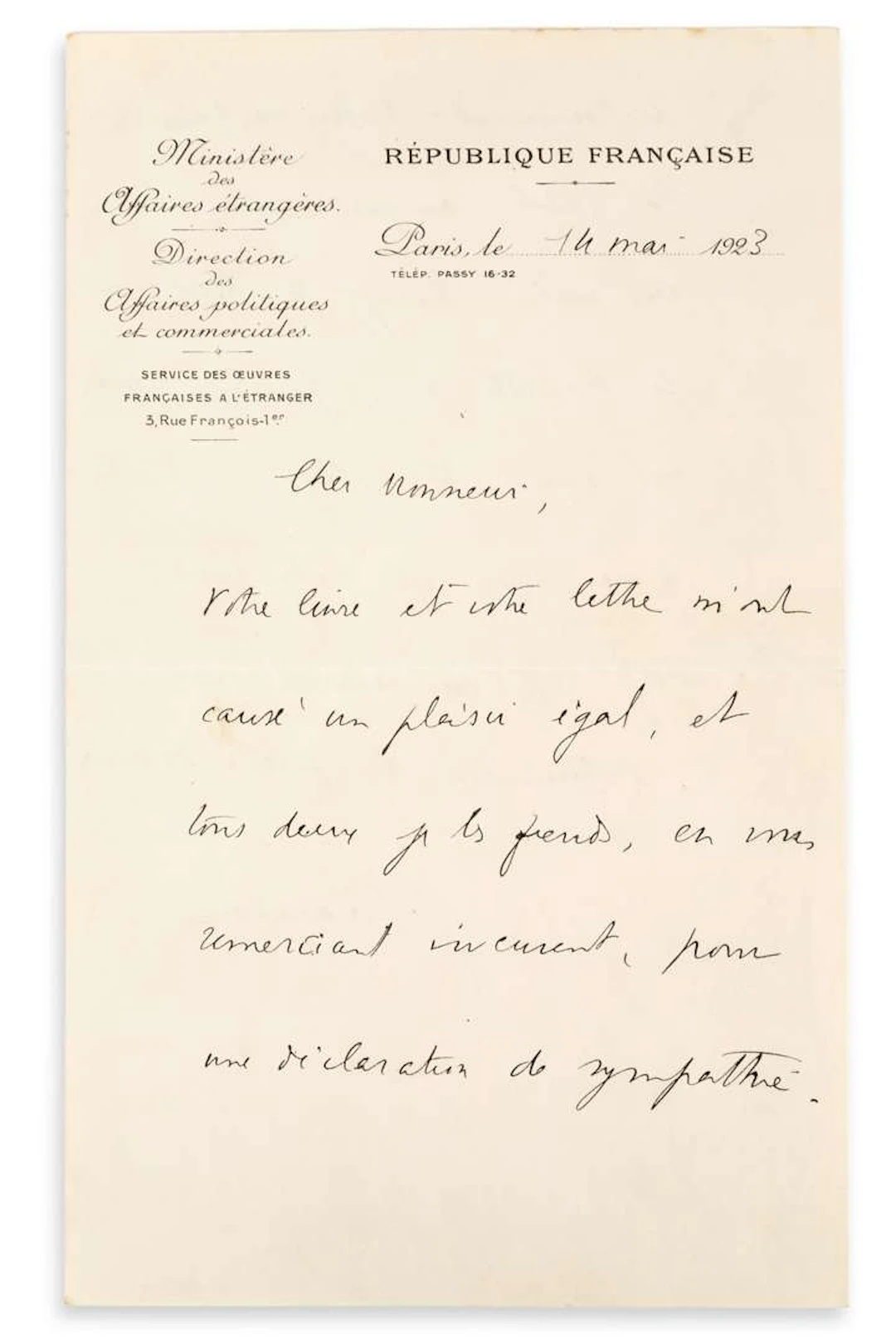 Jean GIRAUDOUX (1882–1944)., L.A.S. ‘J. Giraudoux’, Paris, 14 May