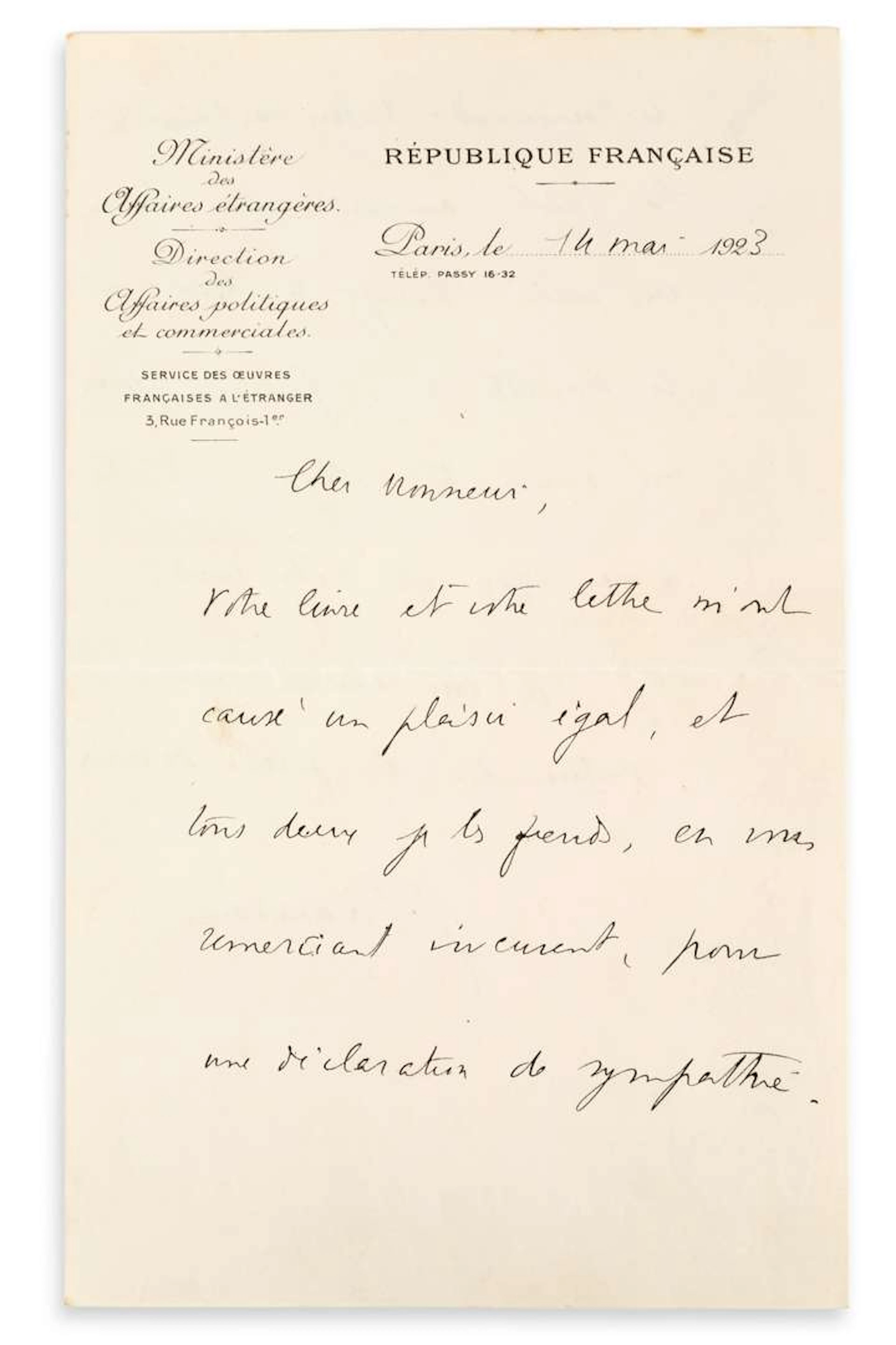 Jean GIRAUDOUX (1882–1944)., L.A.S. ‘J. Giraudoux’, Paris, 14 May