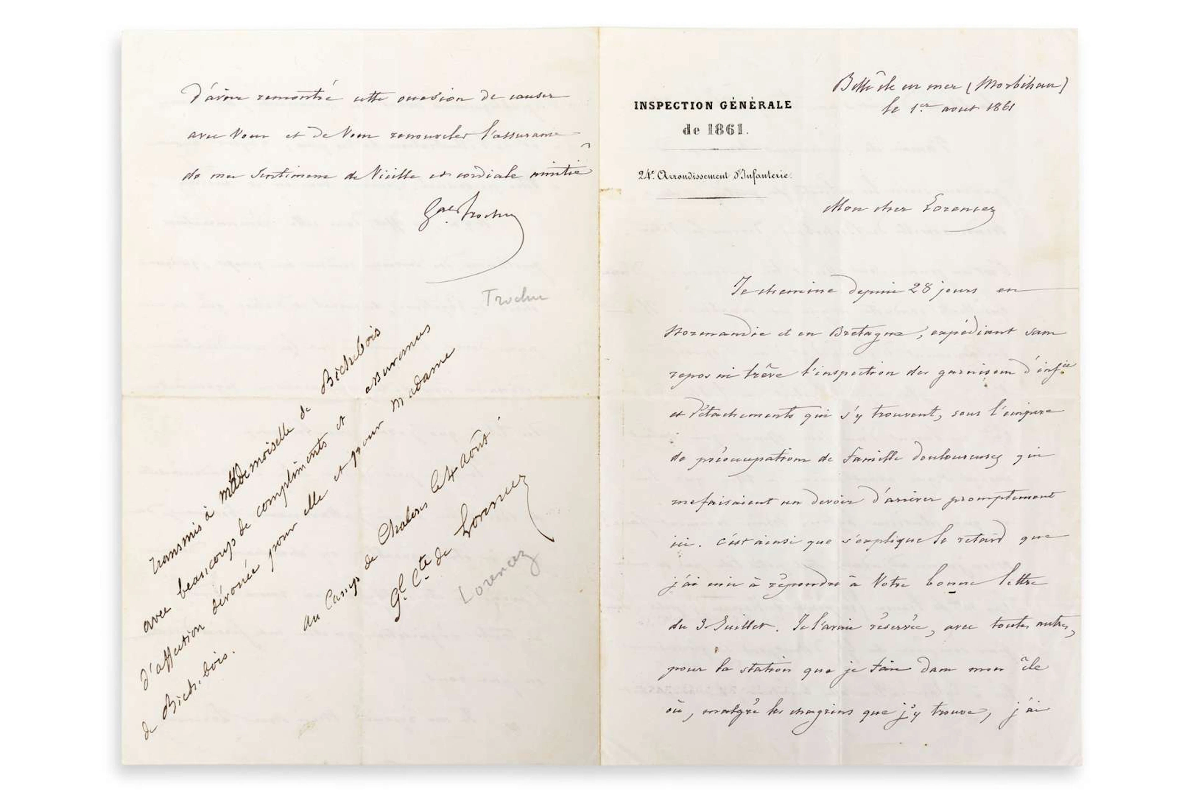 TROCHU, Louis (1815–1896), general., L.A.S. ‘Gal Trochu’, Belle-Île-en-Mer