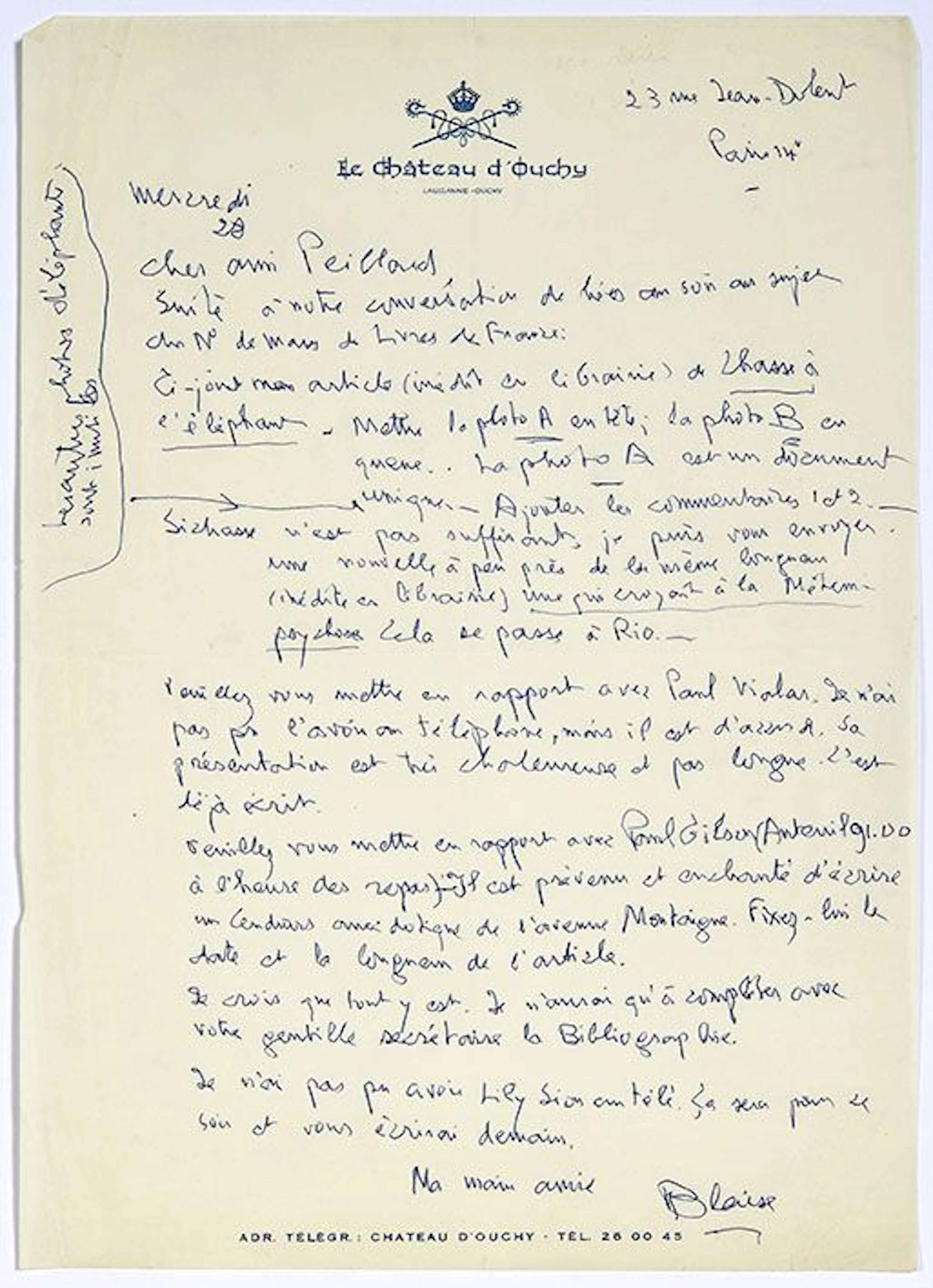 CENDRARS Blaise (1887-1961). L.A.S. "Blaise", Paris Wednesda - Lot 542